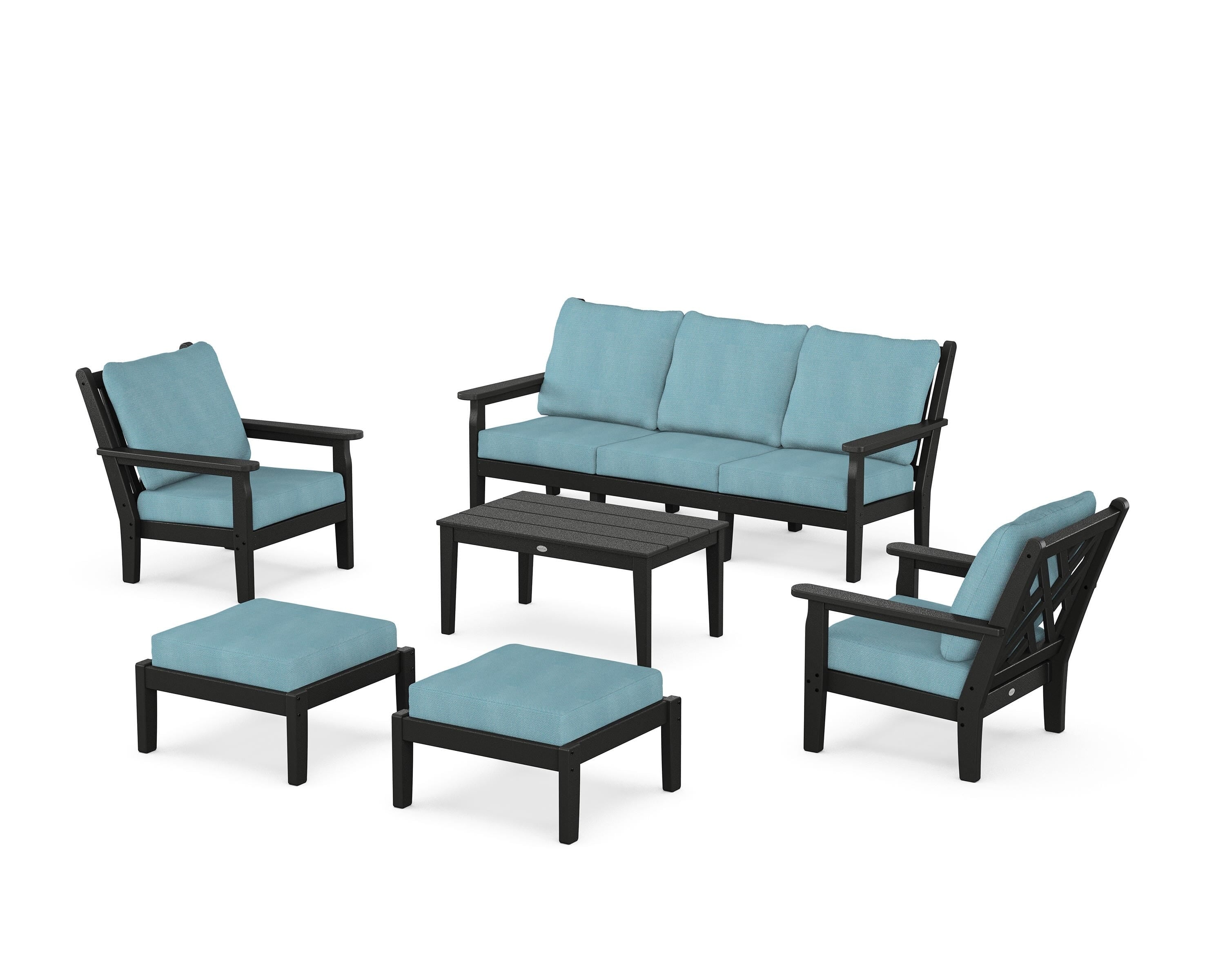 POLYWOOD Chippendale 6-Piece Lounge Sofa Set in Black / Lattice Sky Blue