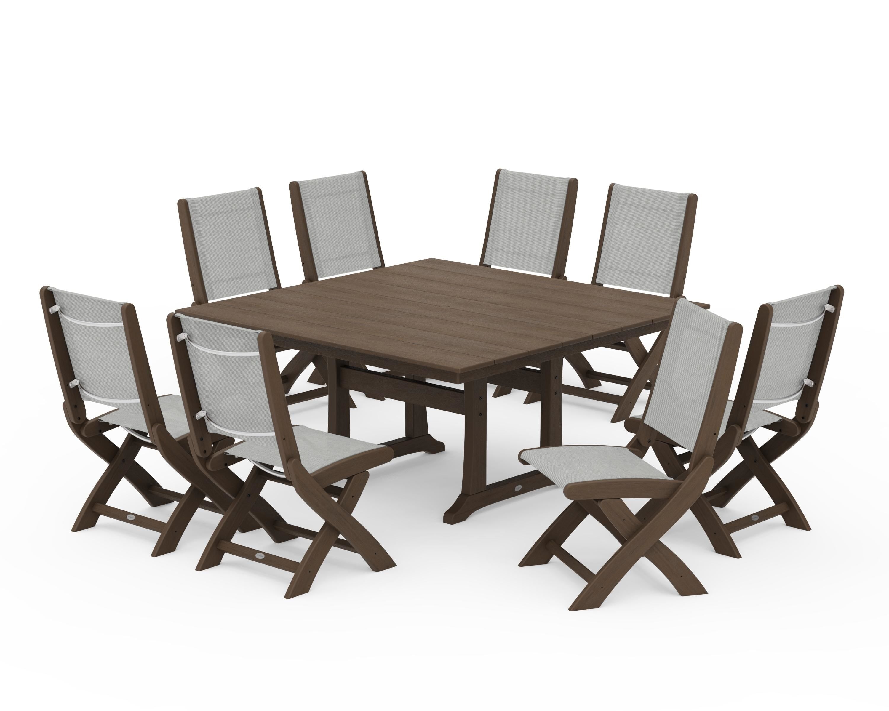 POLYWOOD Coastal Folding Side Chair 9-Piece Farmhouse Dining Set in Kona / Metallic Sling