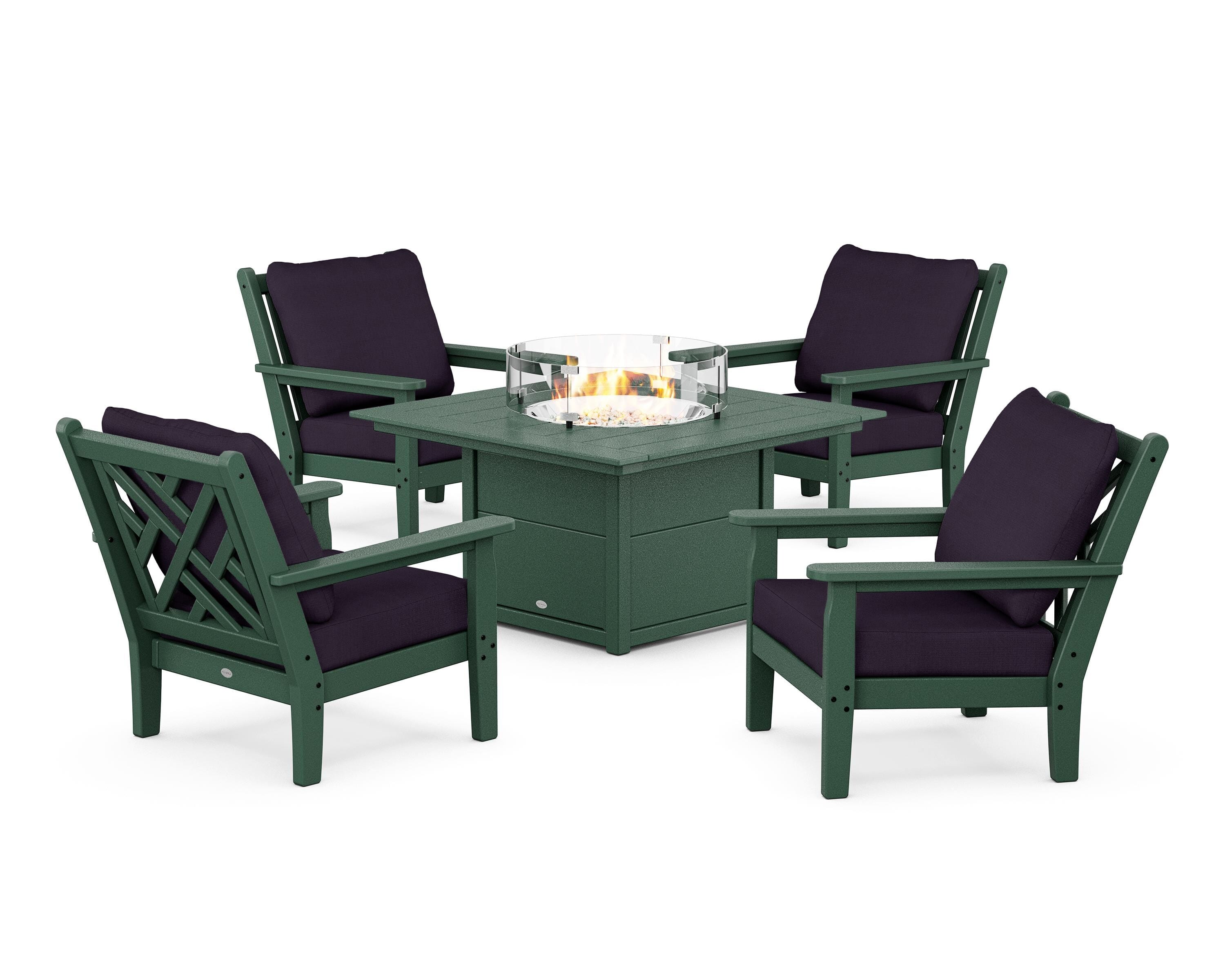 POLYWOOD Chippendale 5-Piece Deep Seating Set with Fire Pit Table in Green / Navy Linen