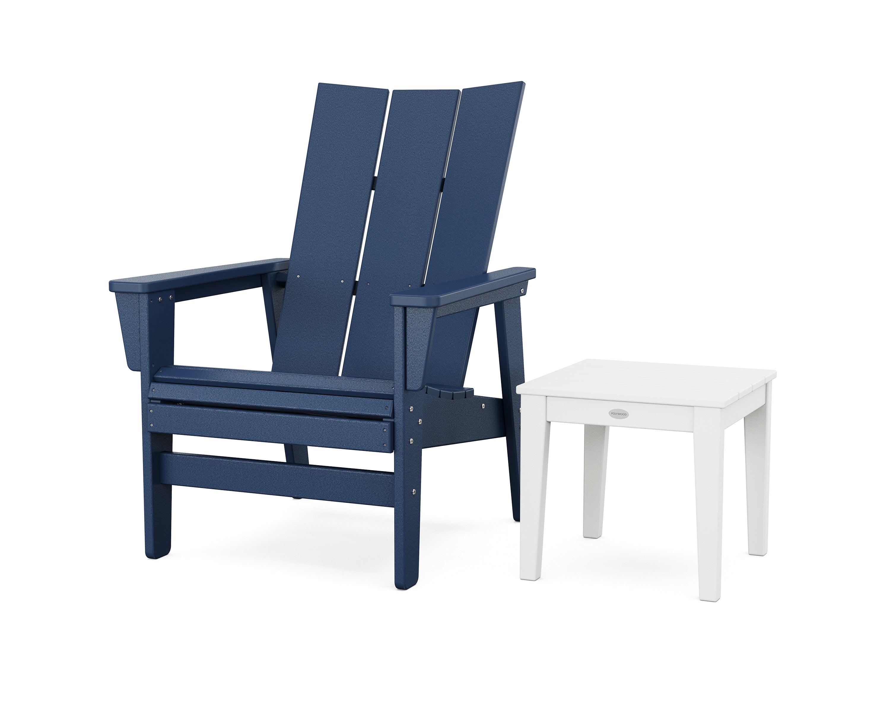 POLYWOOD Modern Grand Upright Adirondack Chair with Side Table in Navy / White