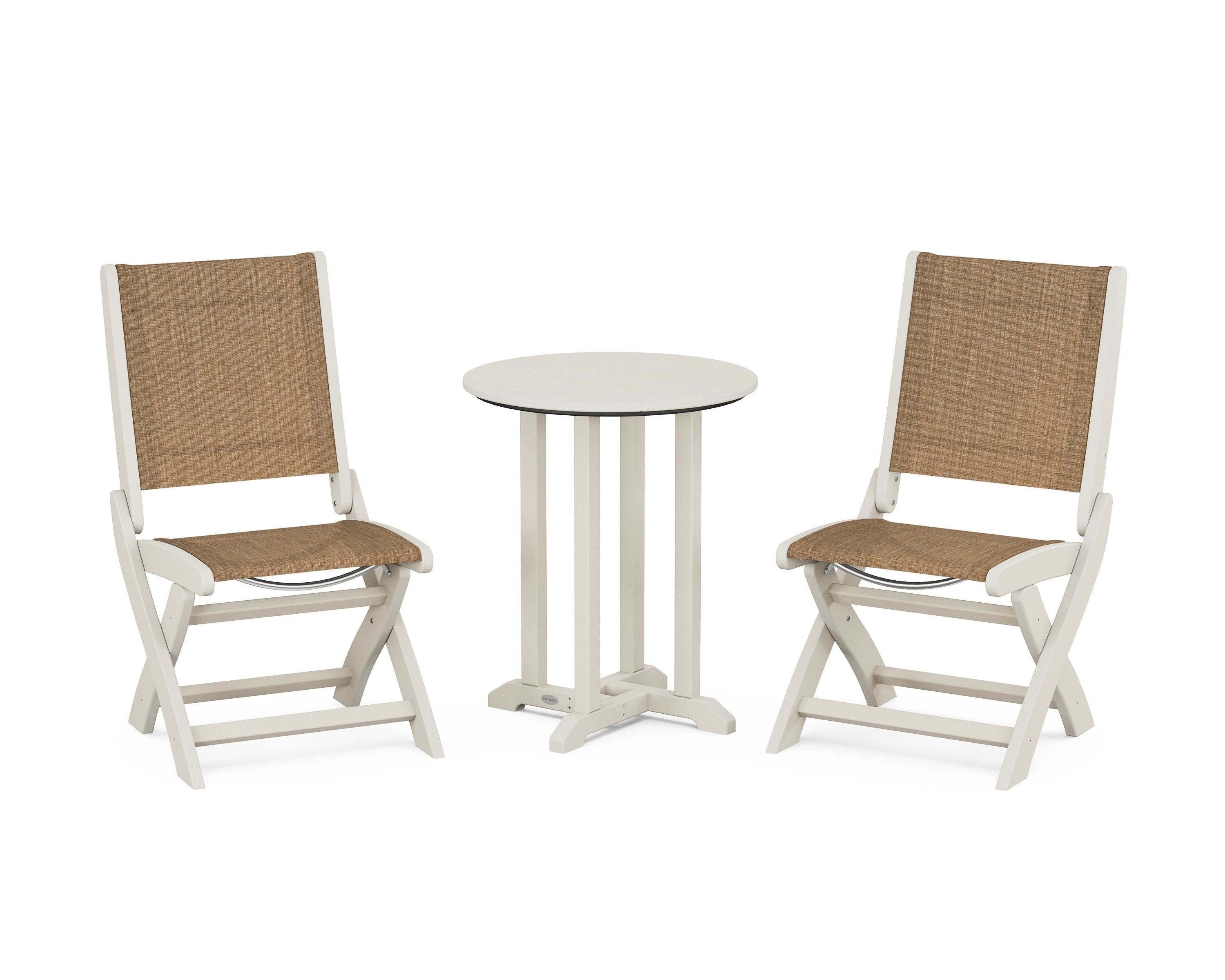 POLYWOOD Coastal Folding Side Chair 3-Piece Round Bistro Dining Set in Sand / Burlap Sling