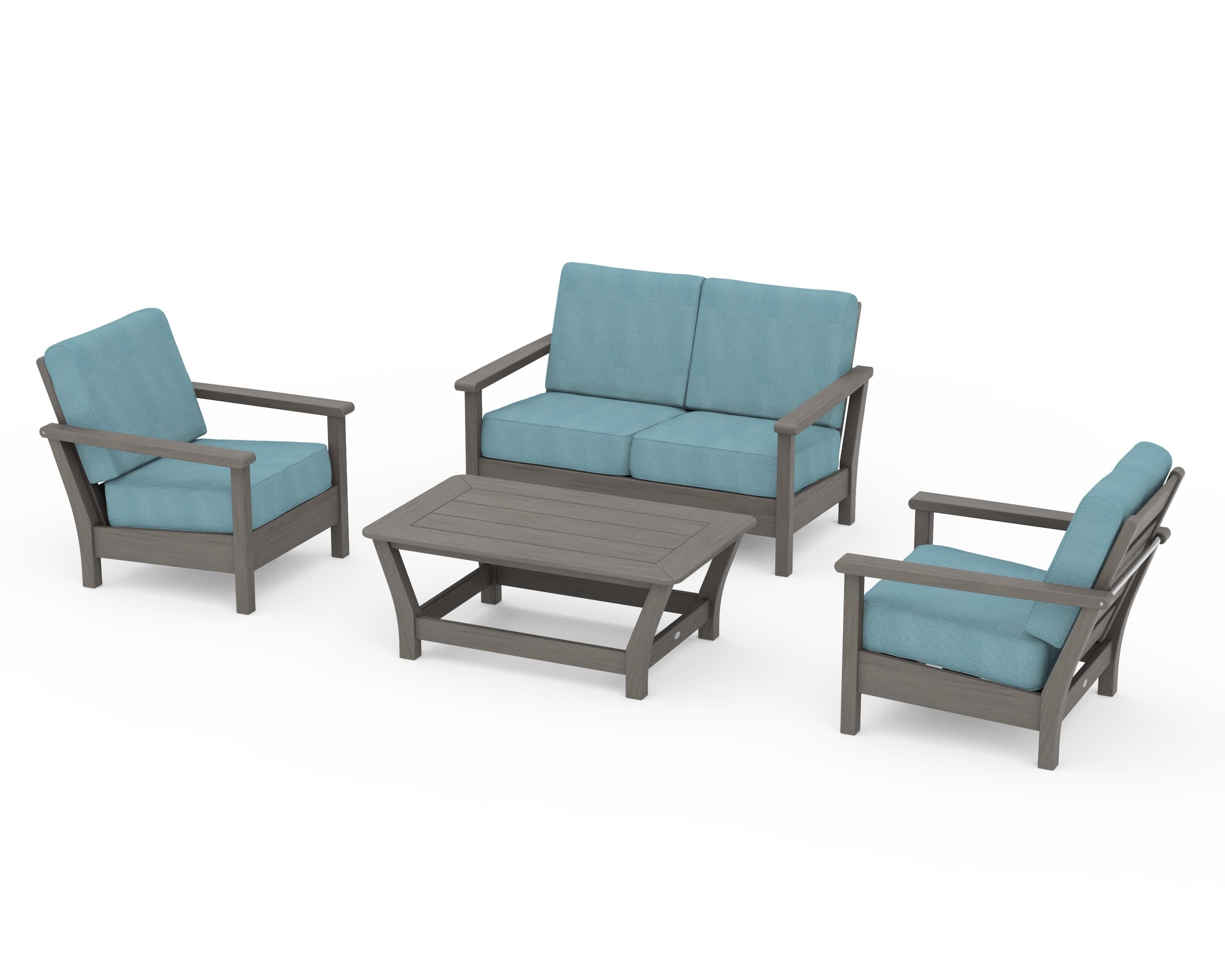 POLYWOOD Harbour 4-Piece Deep Seating Set in Driftwood / Lattice Sky Blue