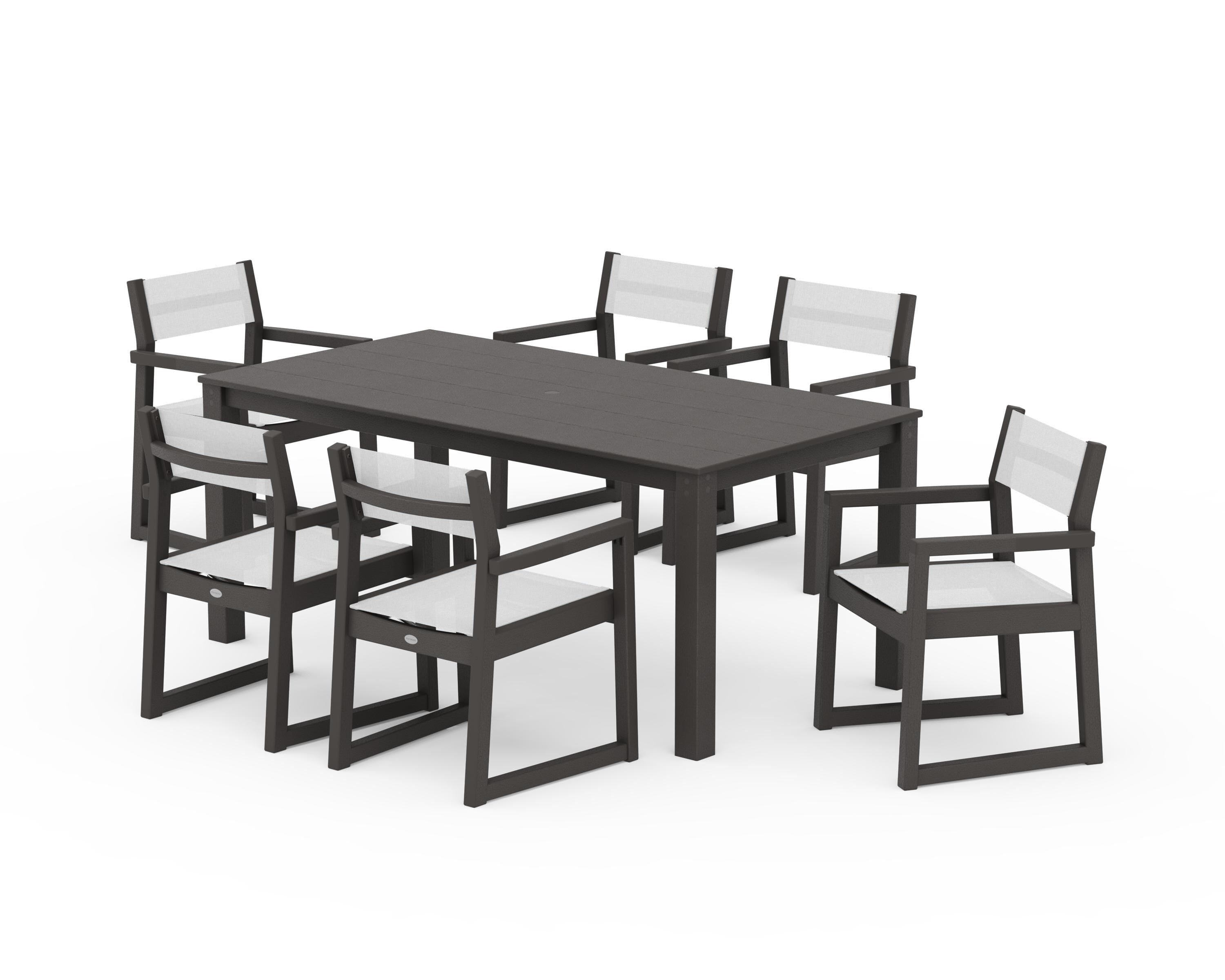 POLYWOOD EDGE Sling Arm Chair 7-Piece Parsons Dining Set in Vintage Coffee / White Sling