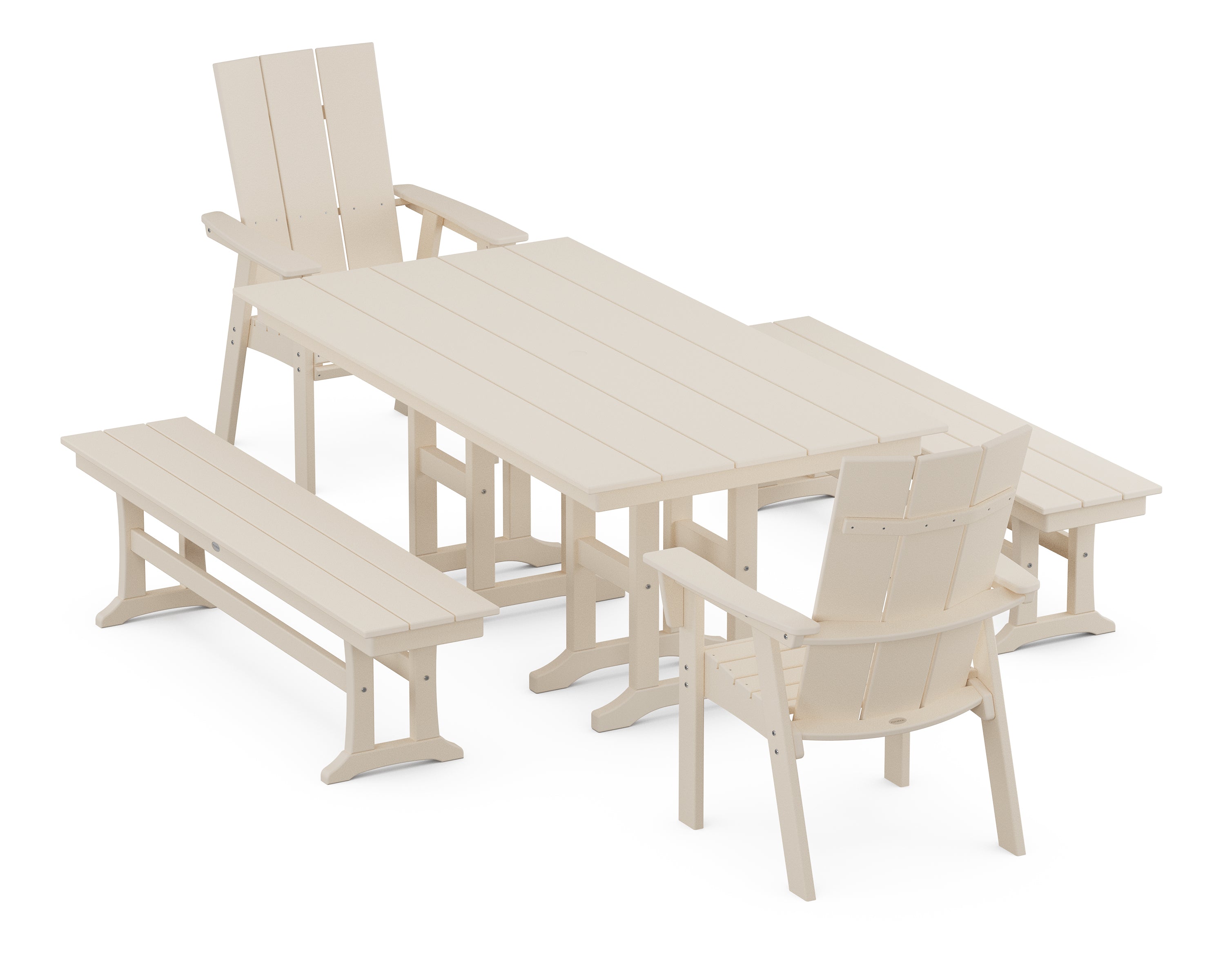 POLYWOOD® Modern Curveback Adirondack 5-Piece Farmhouse Dining Set with Benches in Sand