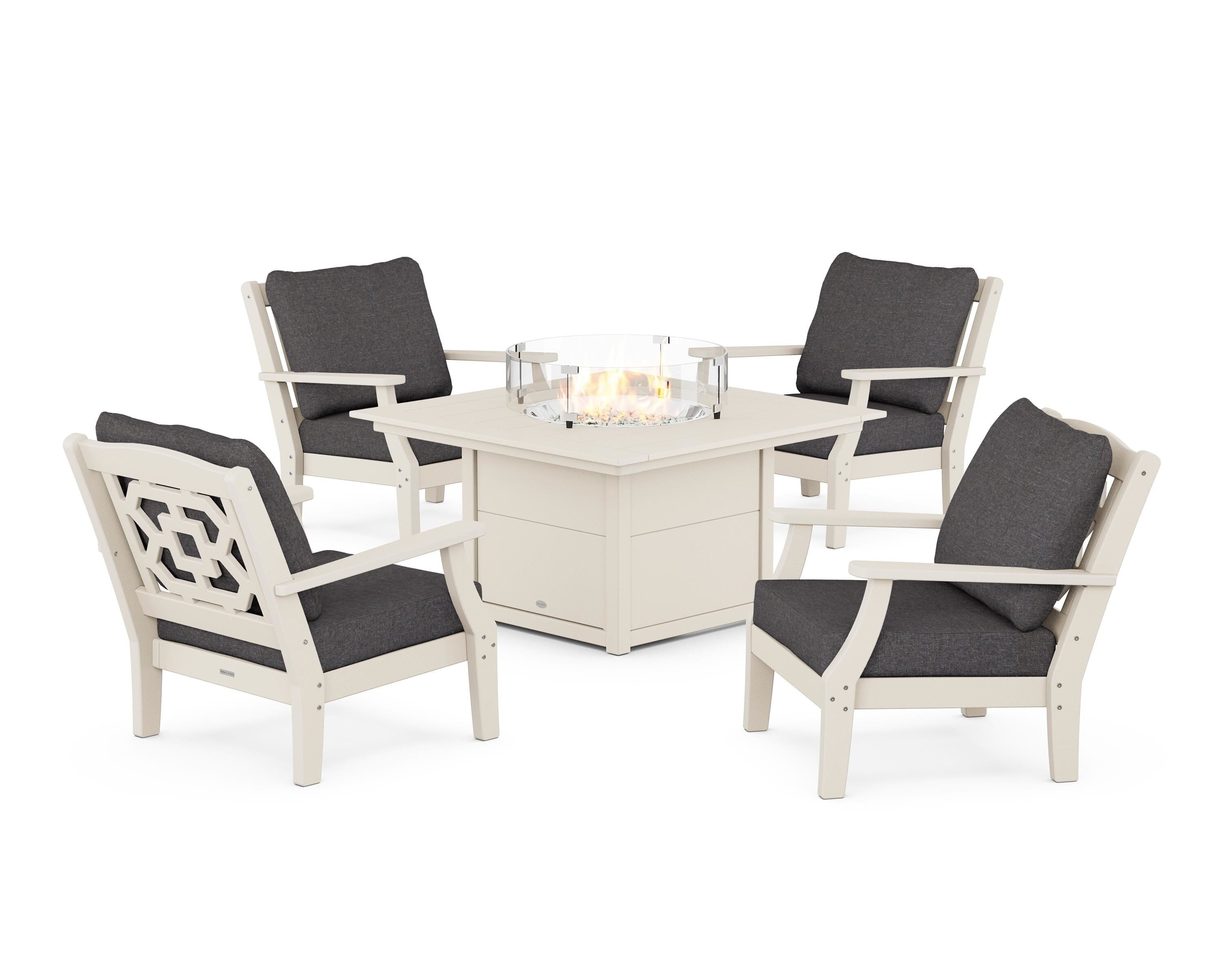Martha Stewart by POLYWOOD Chinoiserie 5-Piece Deep Seating Set with Fire Pit Table in Sand / Ash Charcoal