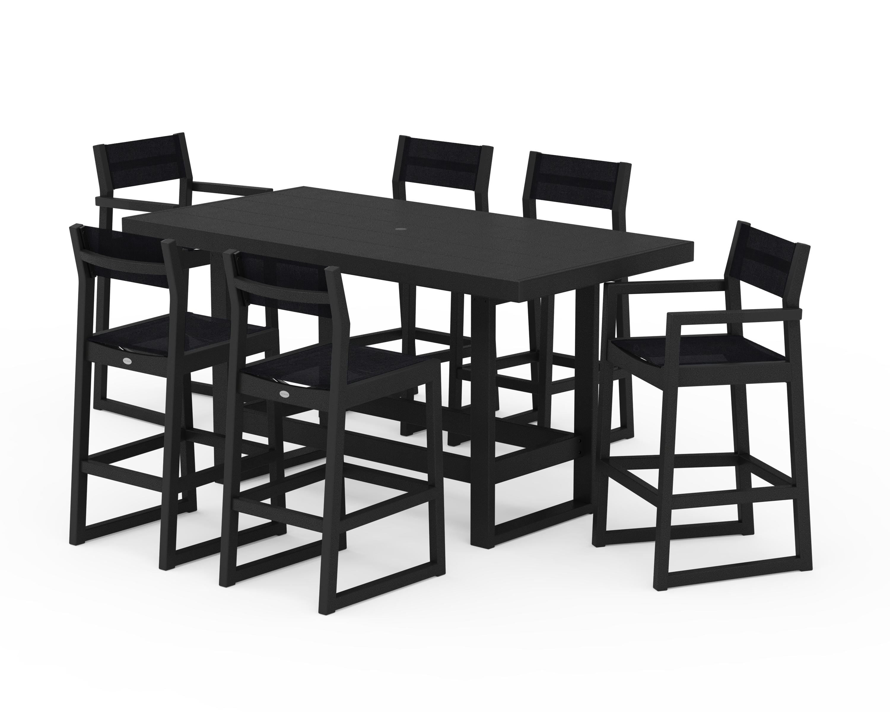 POLYWOOD EDGE Sling 7-Piece Bar Table Set in Black / Black Sling