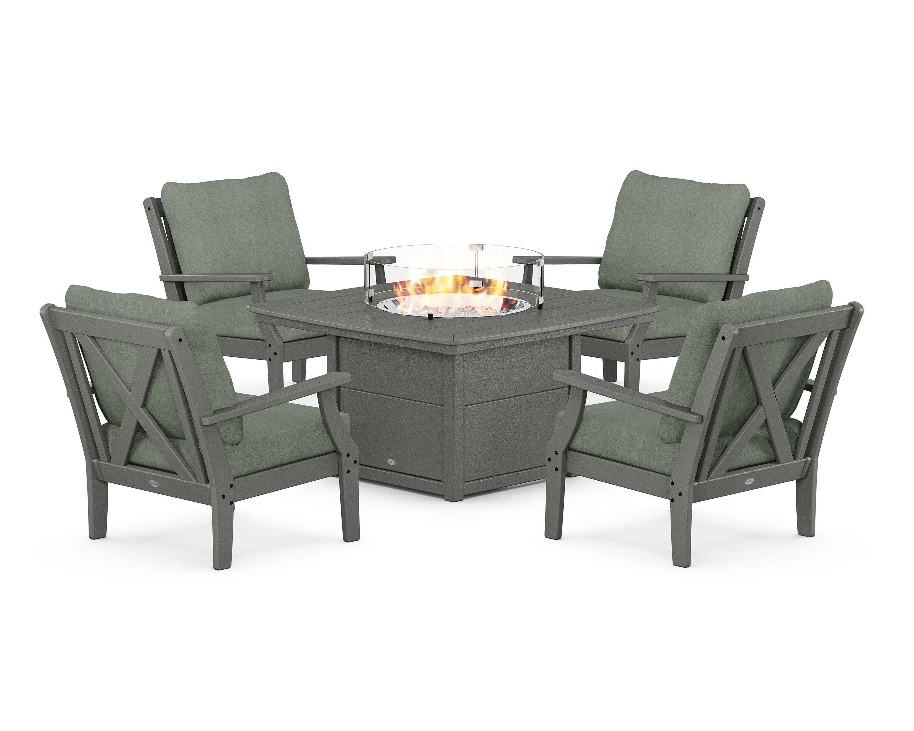 POLYWOOD Braxton 5-Piece Deep Seating Conversation Set with Fire Pit Table in Slate Grey / Cast Sage