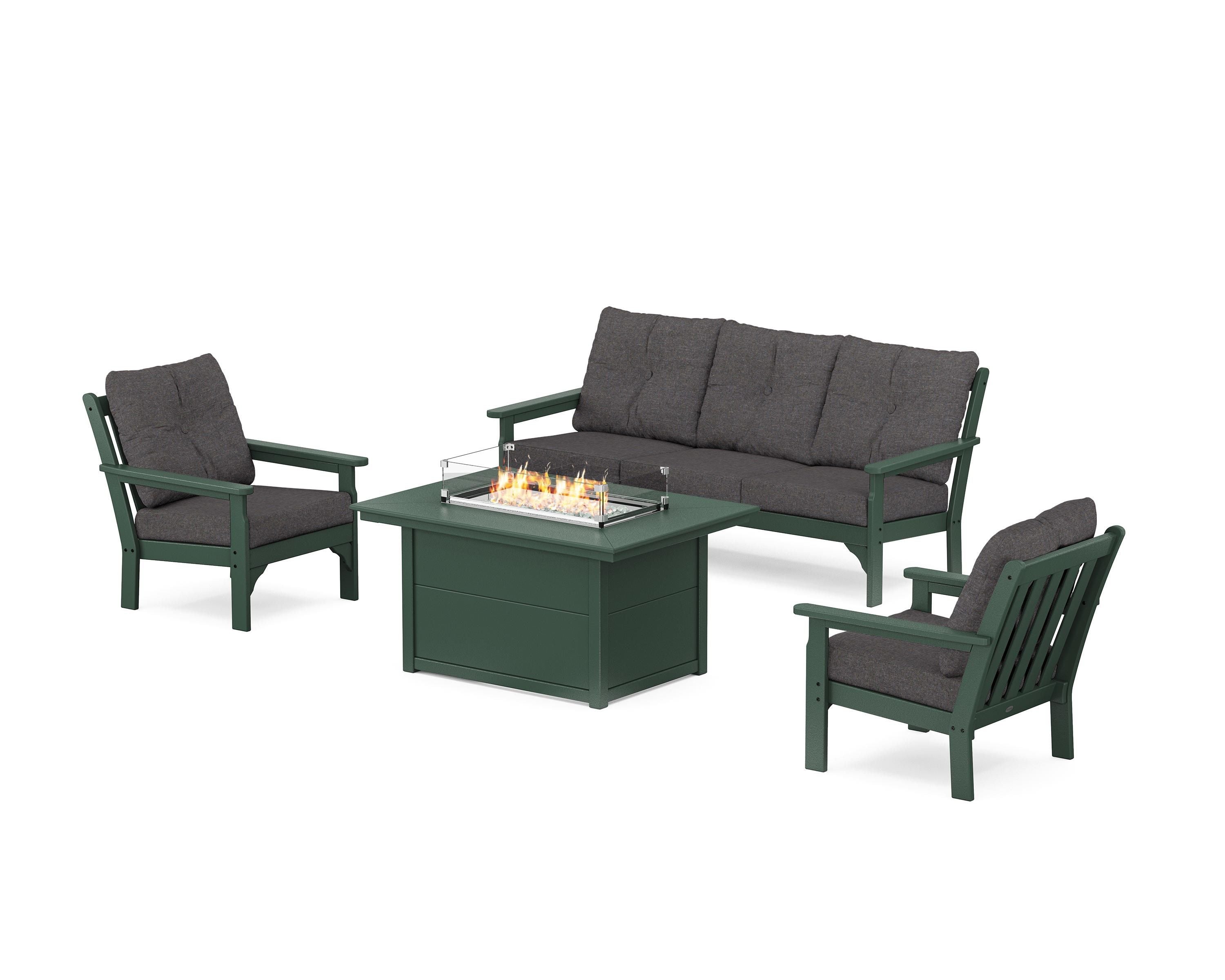 POLYWOOD Vineyard Deep Seating Fire Pit Table Set in Green / Ash Charcoal