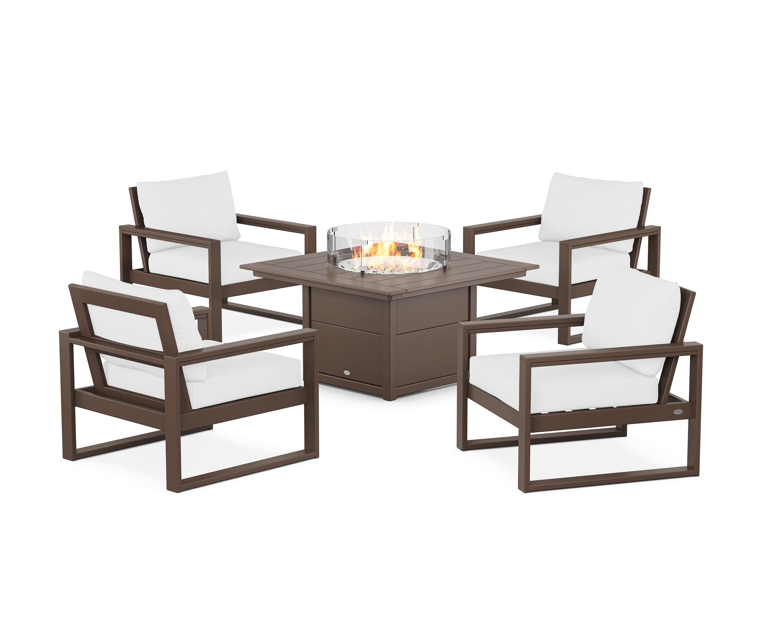 POLYWOOD EDGE Sectional 5-Piece Deep Seating Set with Fire Pit Table in Mahogany / Natural