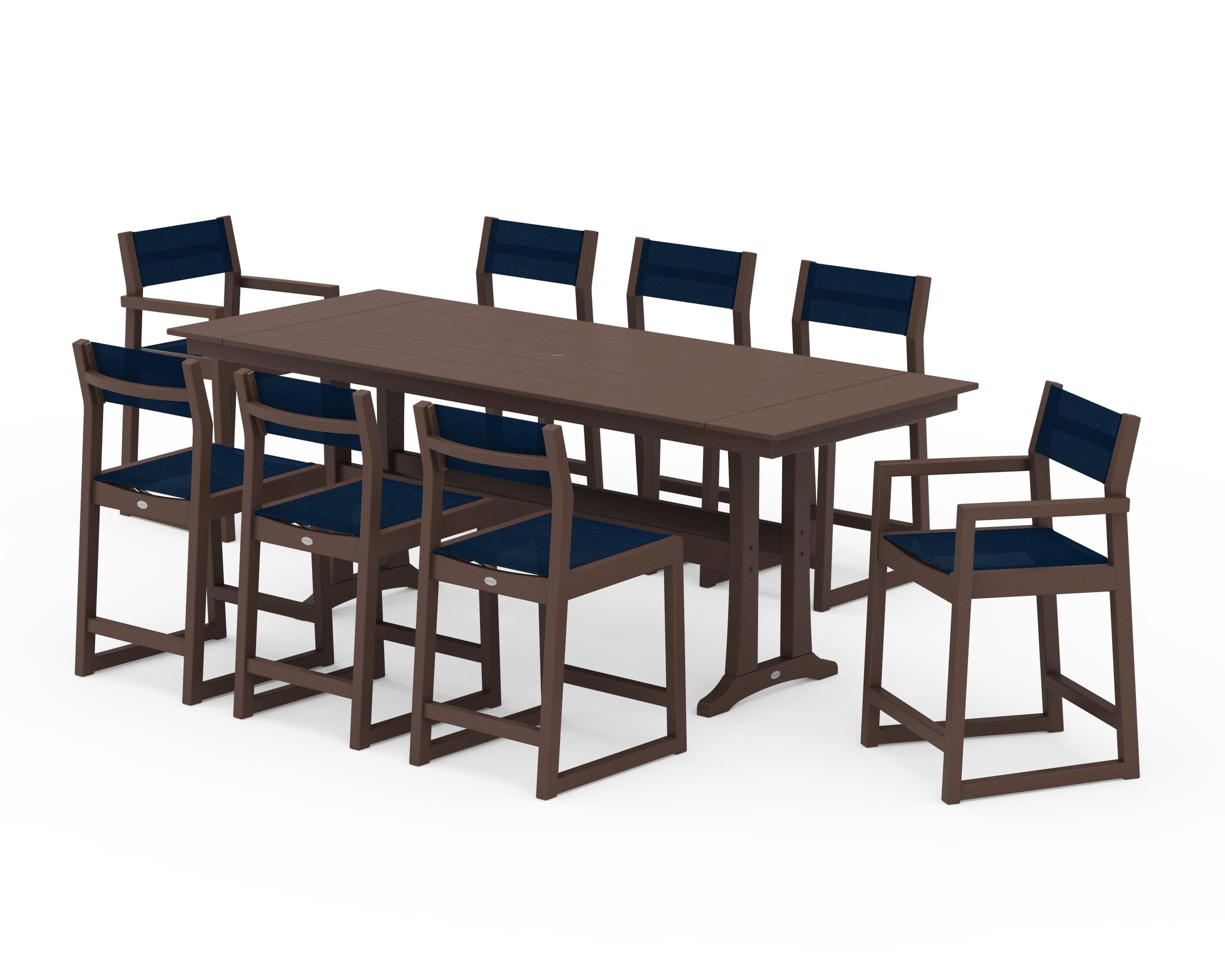 POLYWOOD EDGE Sling 9-Piece Farmhouse Counter Set with Trestle Legs in Mahogany / Navy Blue Sling