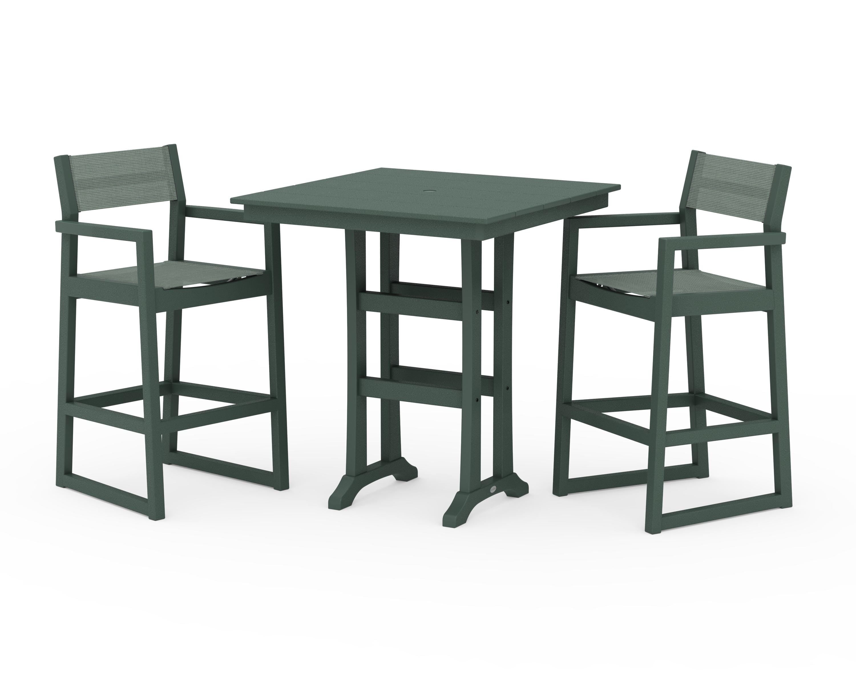 POLYWOOD EDGE Sling Arm Chair 3-Piece Farmhouse Bar Set with Trestle Legs in Green / Dupioni Sea Mist Sling