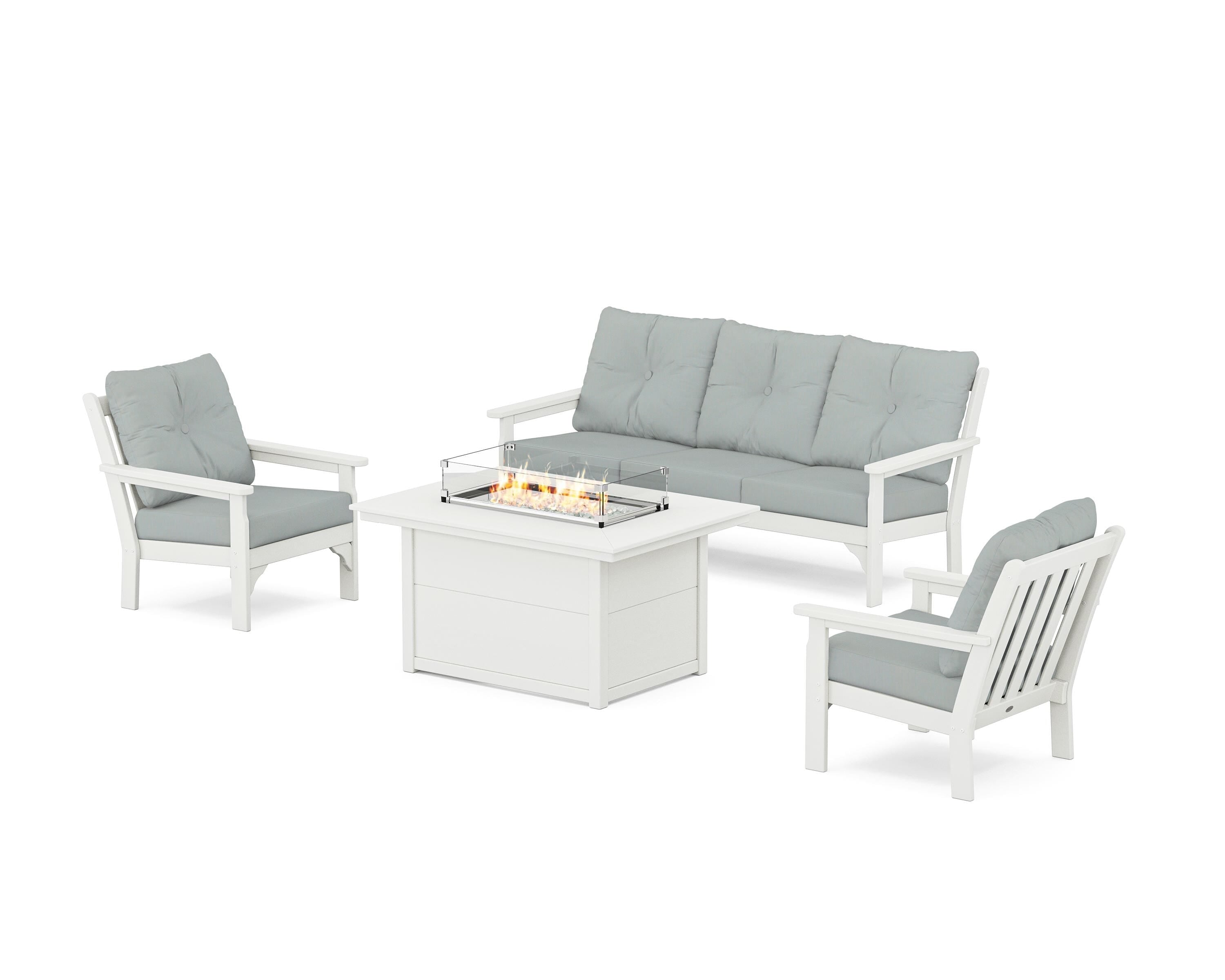 POLYWOOD Vineyard Deep Seating Fire Pit Table Set in Vintage White / Spa