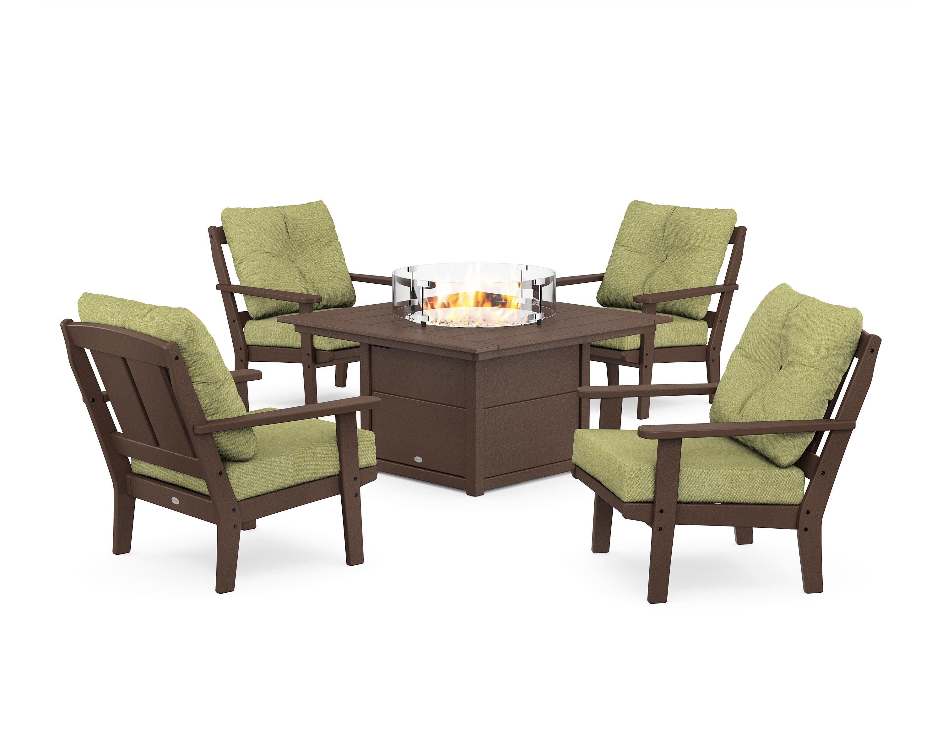 POLYWOOD Mission 5-Piece Deep Seating Set with Fire Pit Table in Mahogany / Chartreuse Boucle
