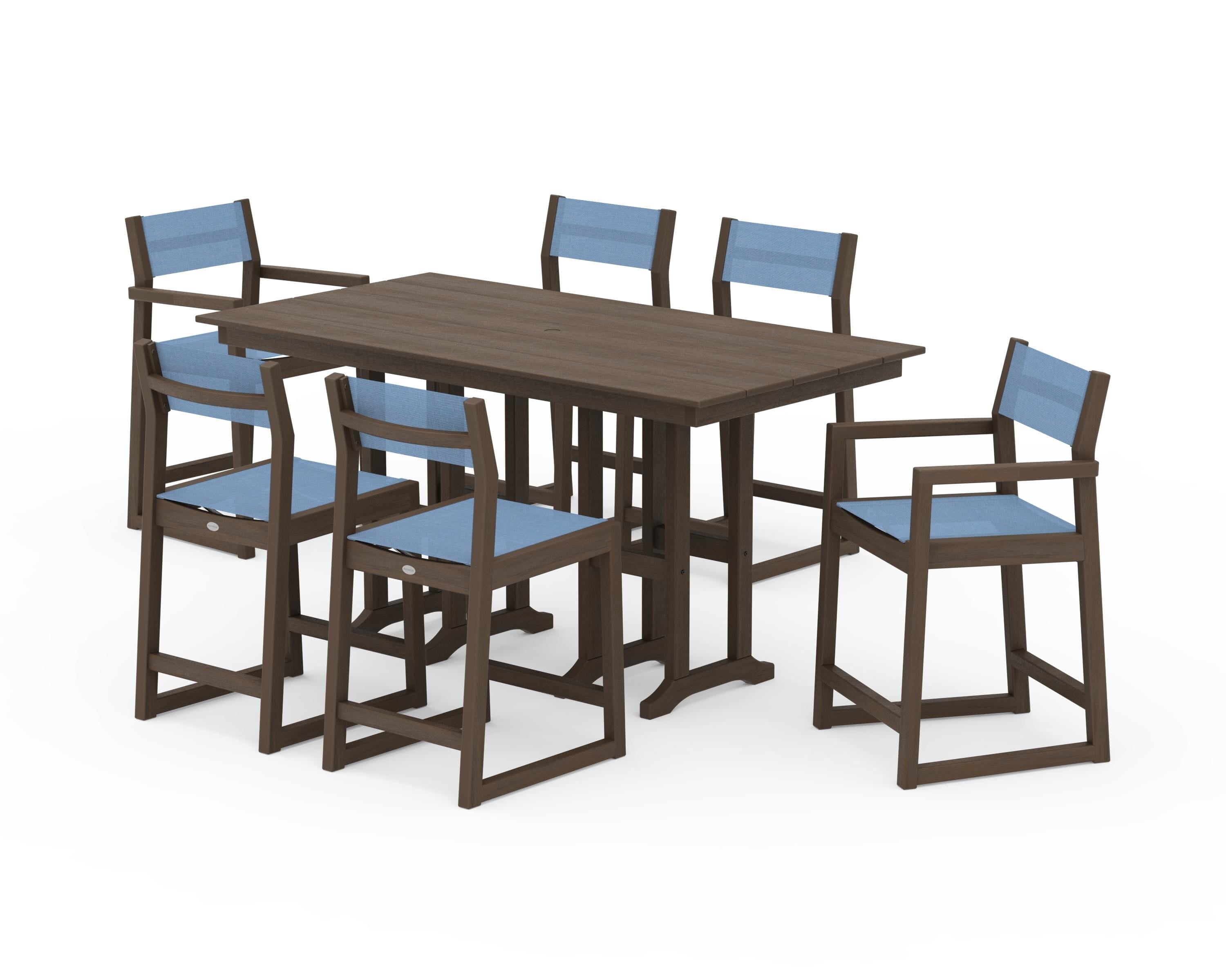 POLYWOOD EDGE Sling 7-Piece Farmhouse Counter Set with Trestle Legs in Kona / Poolside Sling