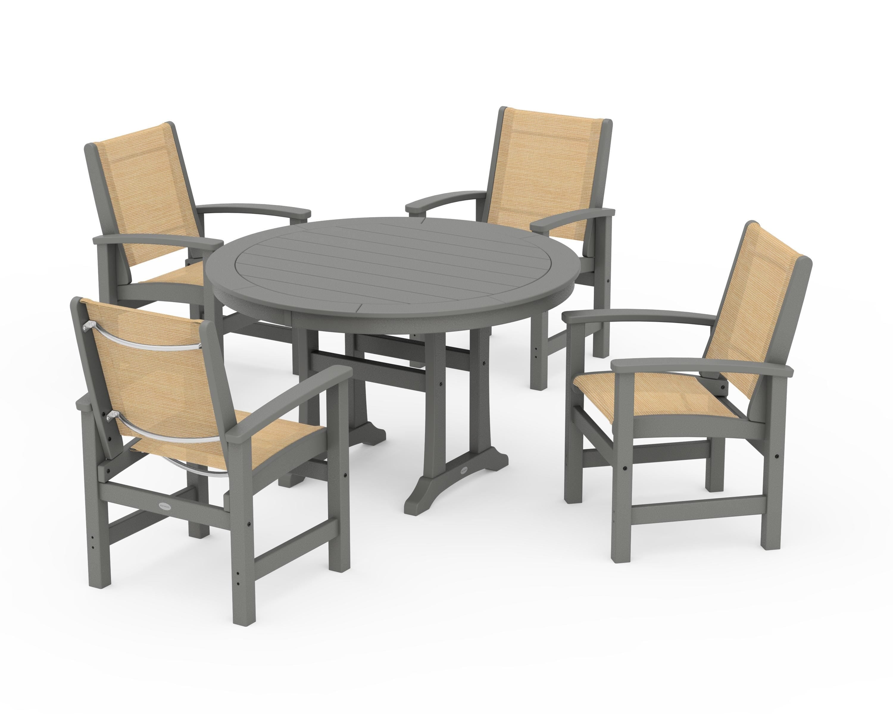 POLYWOOD Coastal 5-Piece Round Dining Set with Trestle Legs in Slate Grey / Dupioni Apricot Sling