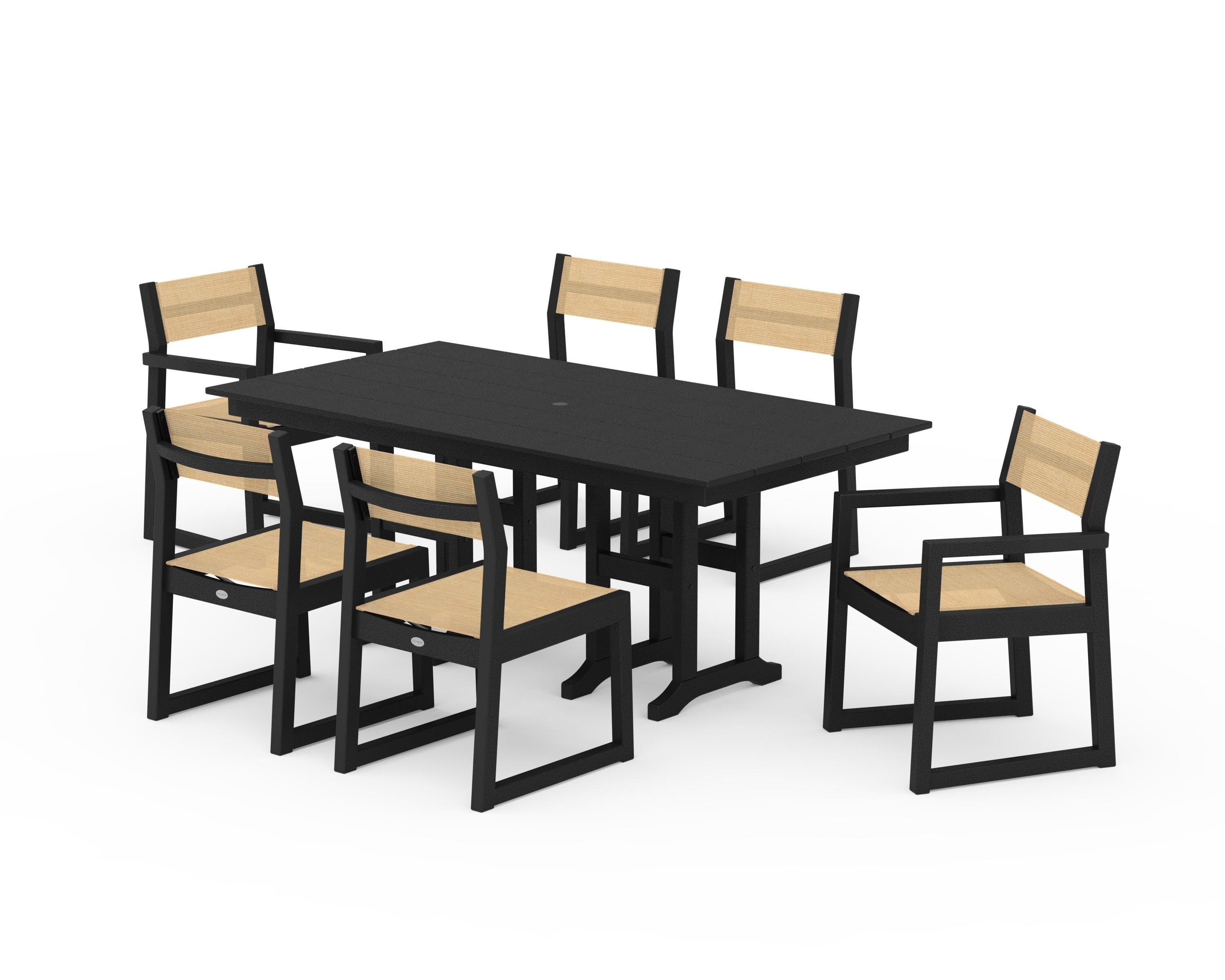 POLYWOOD EDGE Sling 7-Piece Farmhouse Dining Set in Black / Dupioni Apricot Sling