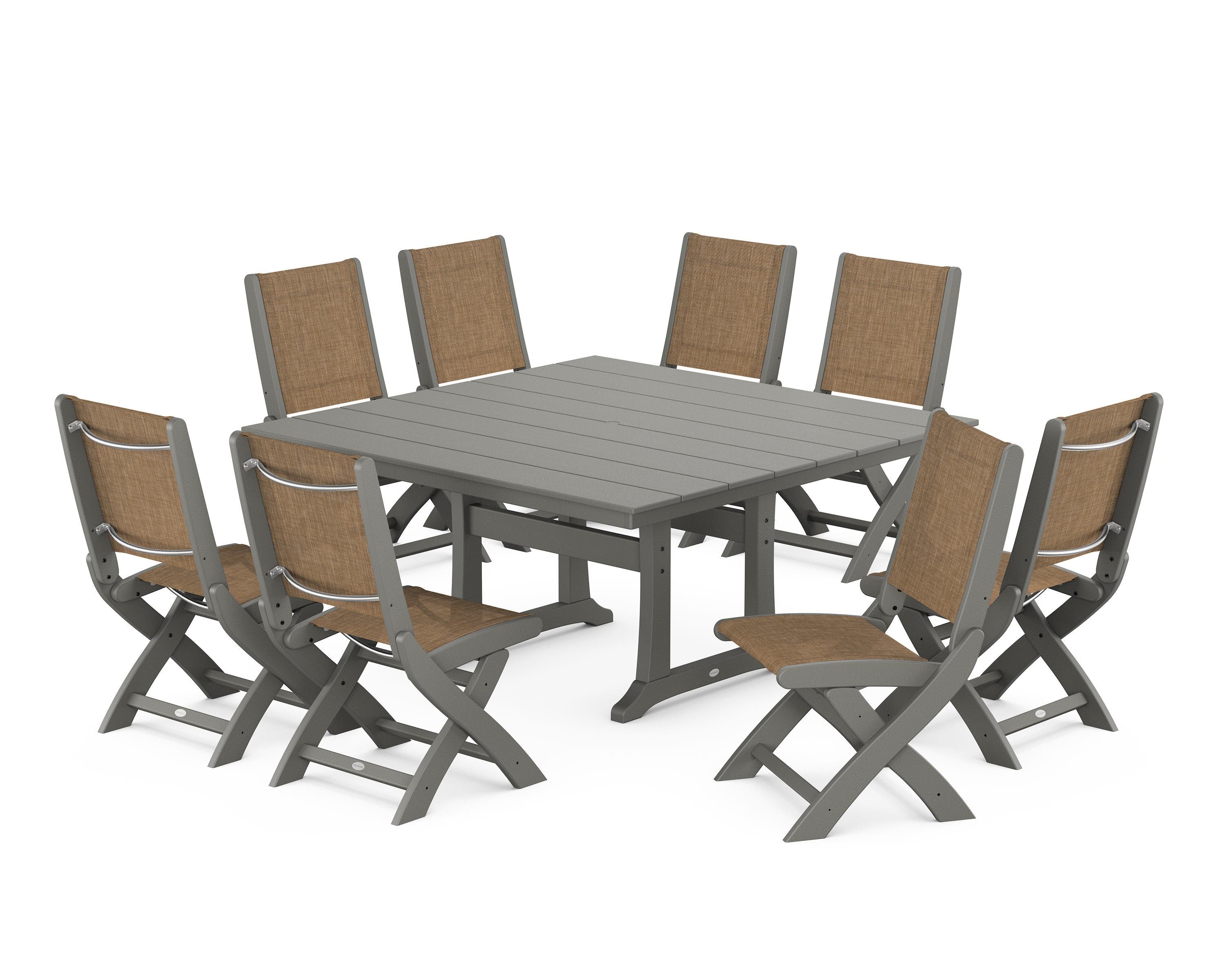 POLYWOOD Coastal Folding Side Chair 9-Piece Farmhouse Dining Set in Slate Grey / Burlap Sling