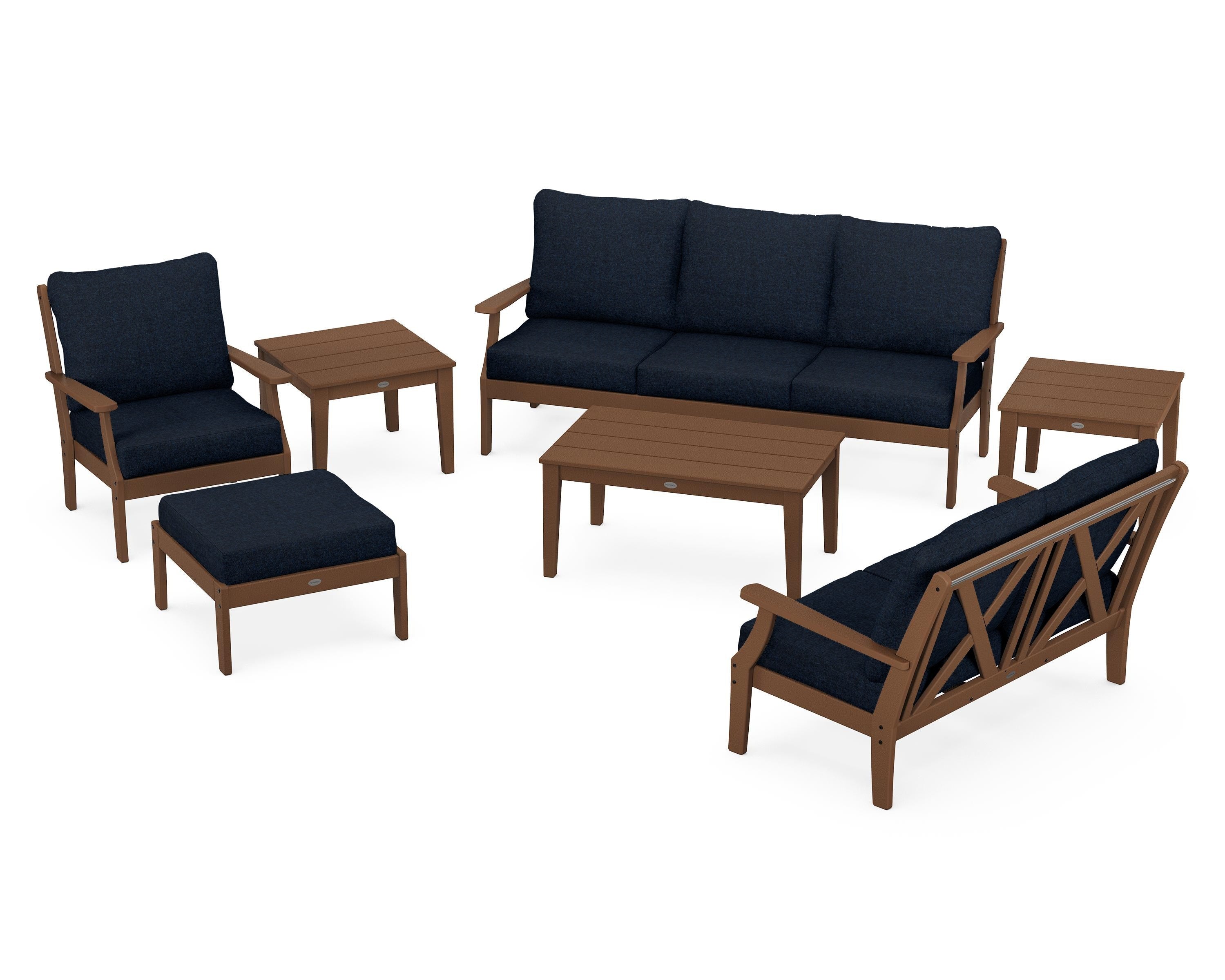 POLYWOOD Braxton 7-Piece Deep Seating Set in Teak / Marine Indigo