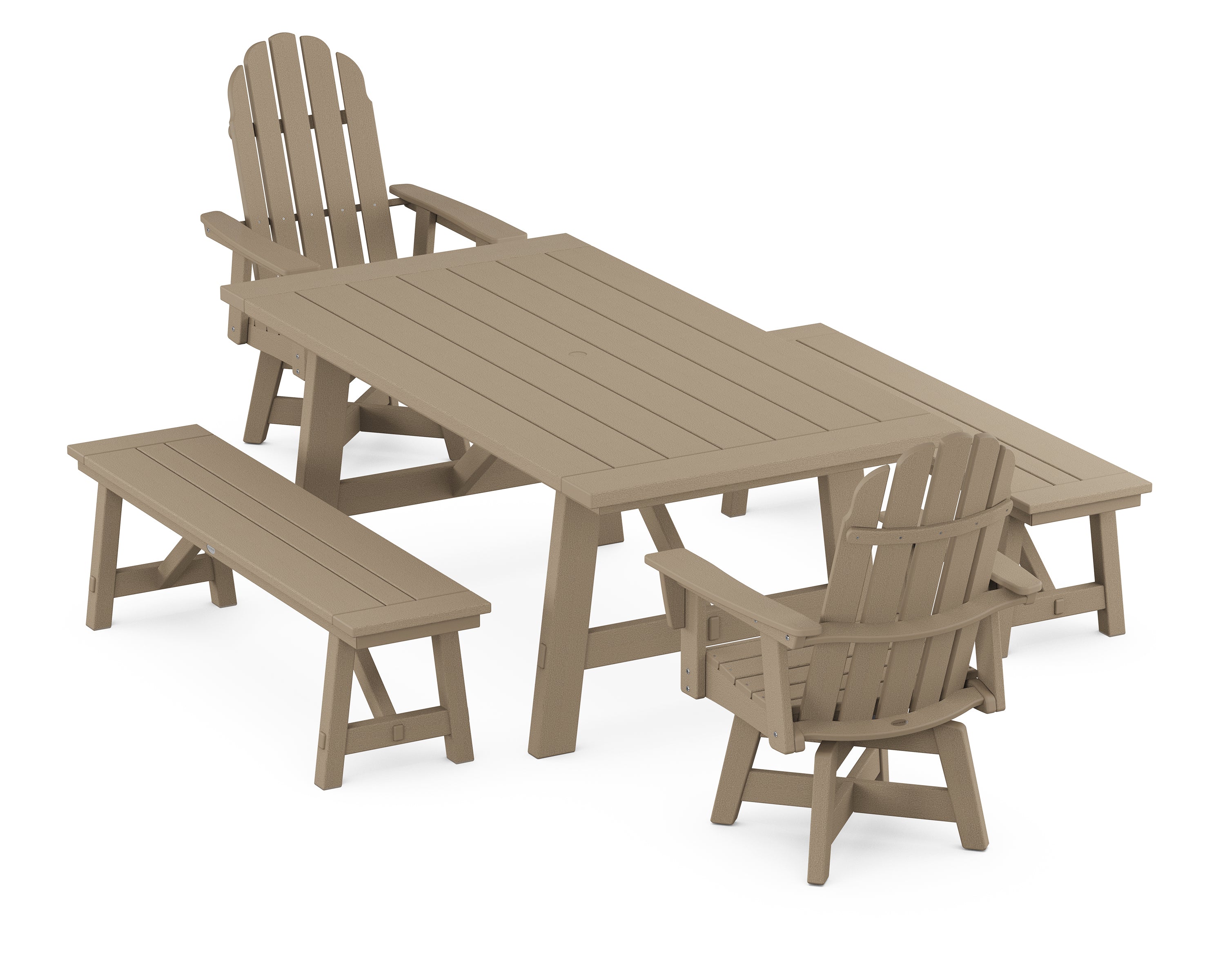 POLYWOOD® VineyardCurveback Adirondack Swivel Chair 5-Piece Rustic Farmhouse Dining Set With Benches in Vintage Sahara