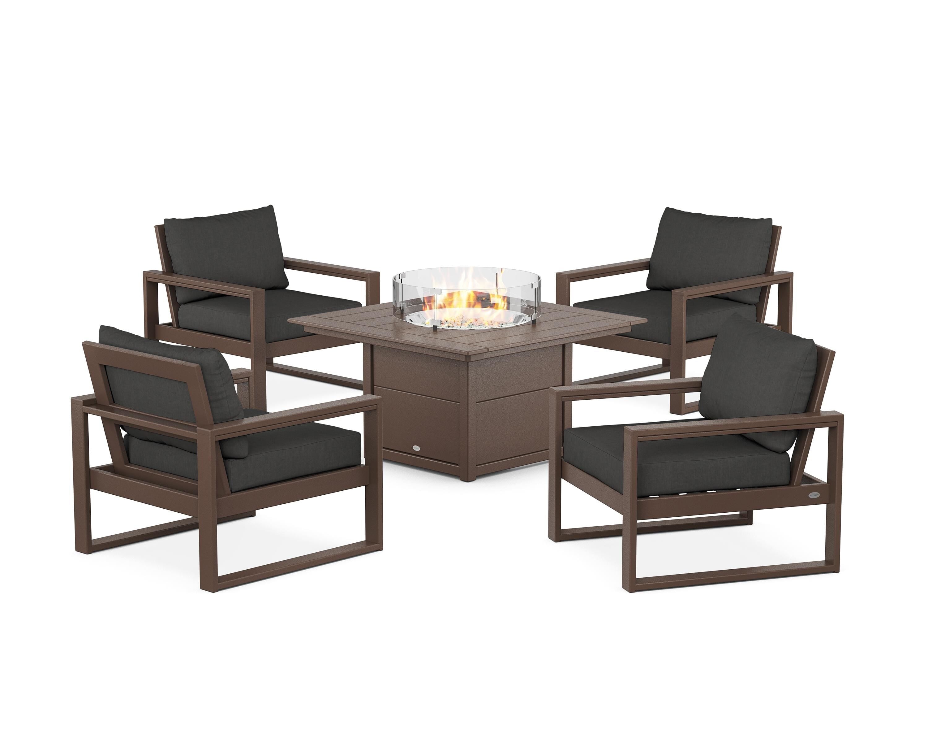 POLYWOOD EDGE Sectional 5-Piece Deep Seating Set with Fire Pit Table in Mahogany / Spectrum Carbon