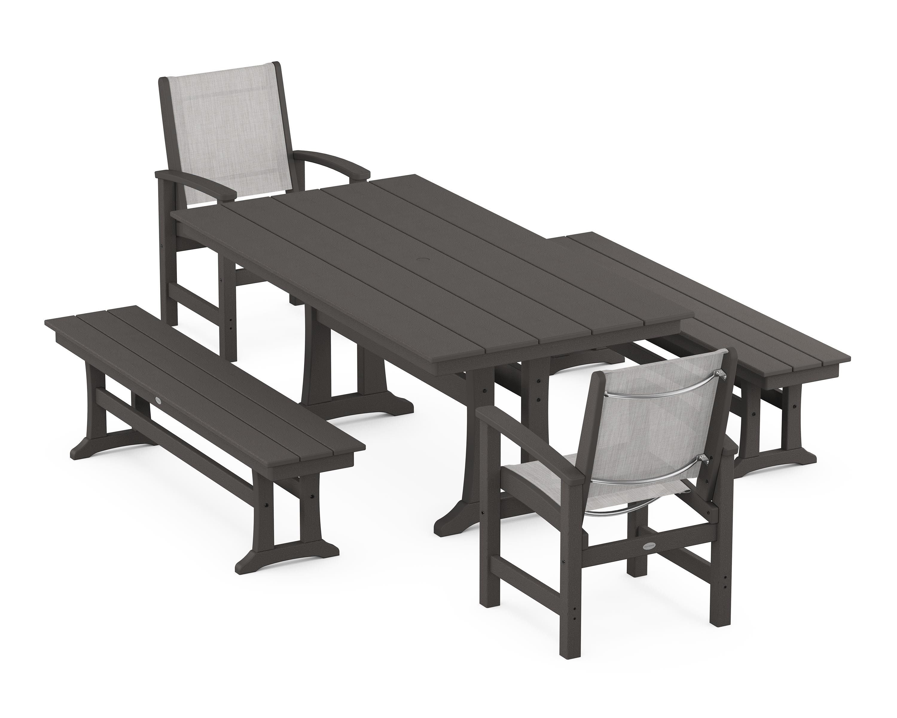POLYWOOD Coastal 5-Piece Farmhouse Dining Set with Trestle Legs and Benches in Vintage Coffee / Parchment Sling
