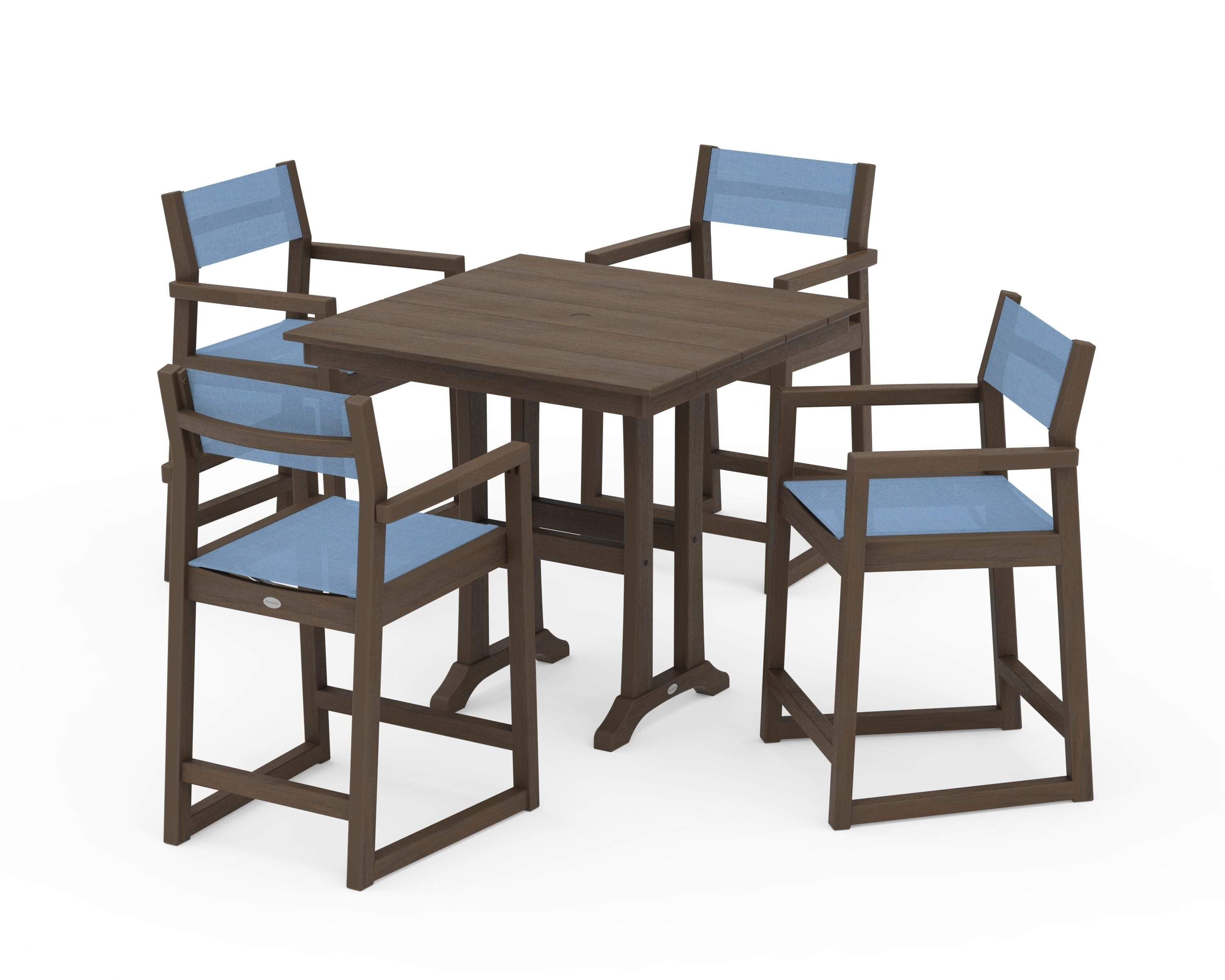 POLYWOOD EDGE Sling Arm Chair 5-Piece Farmhouse Counter Set with Trestle Legs in Kona / Poolside Sling