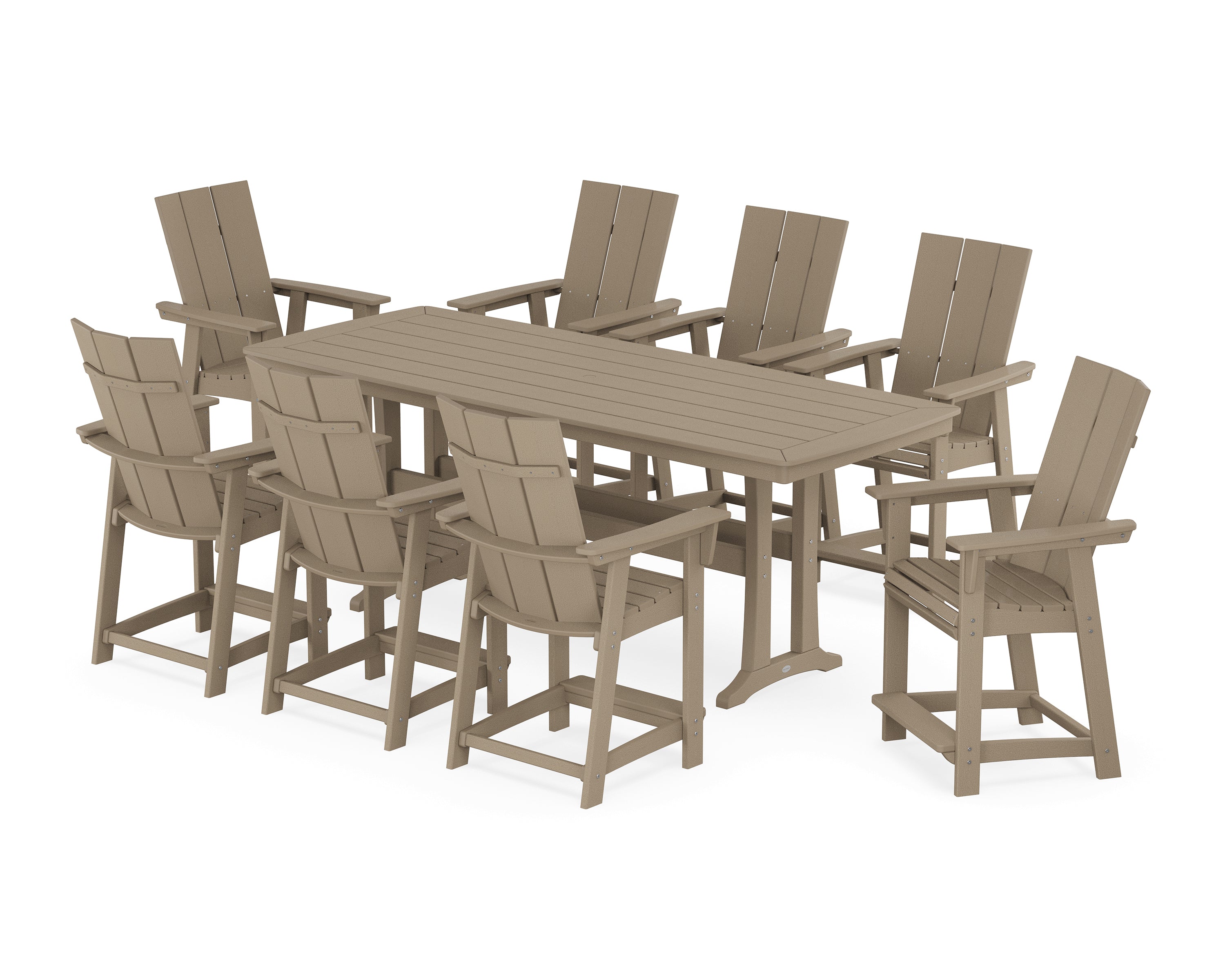 POLYWOOD® Modern Curveback Adirondack 9-Piece Counter Set with Trestle Legs in Vintage Sahara