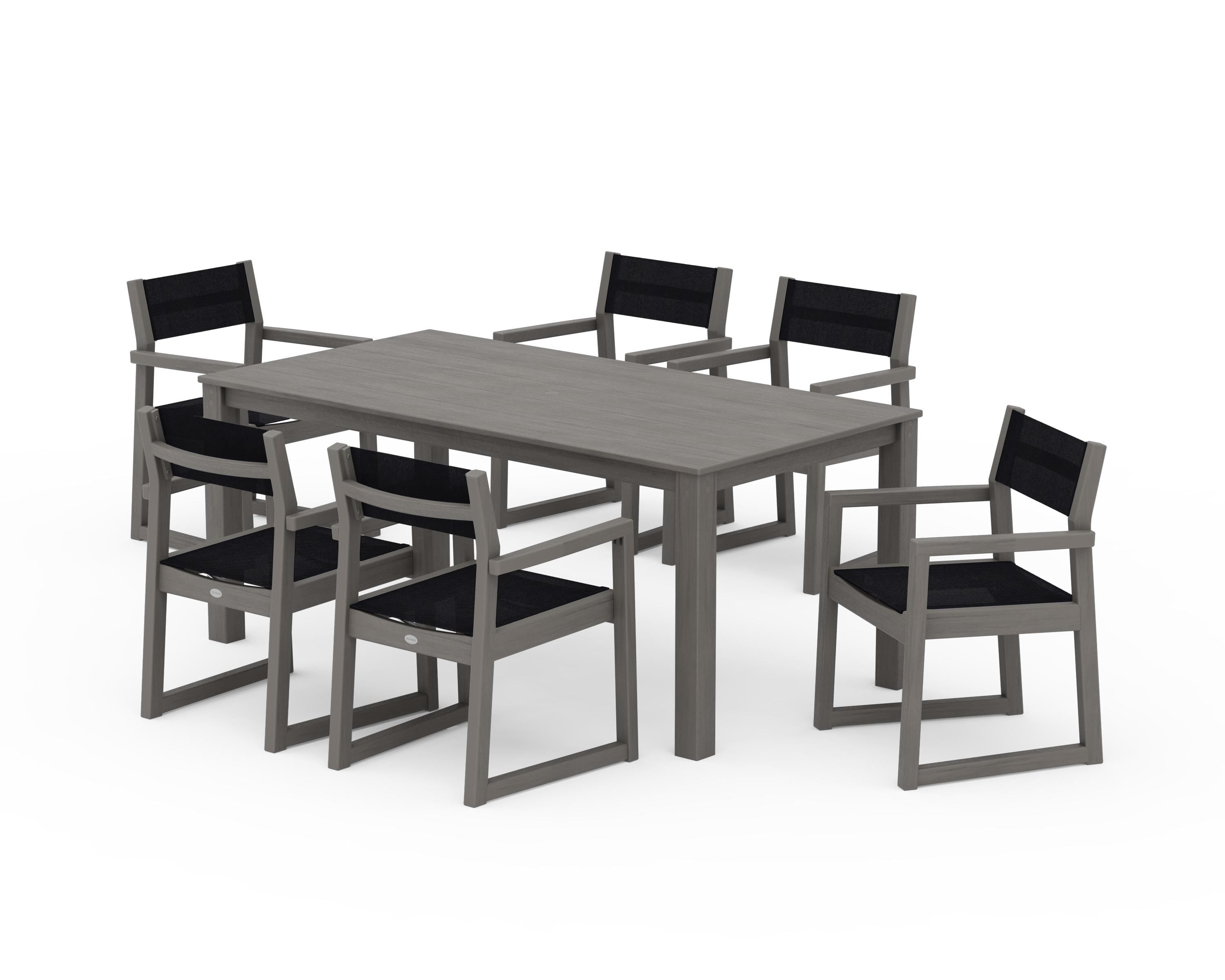 POLYWOOD EDGE Sling Arm Chair 7-Piece Parsons Dining Set in Driftwood / Black Sling