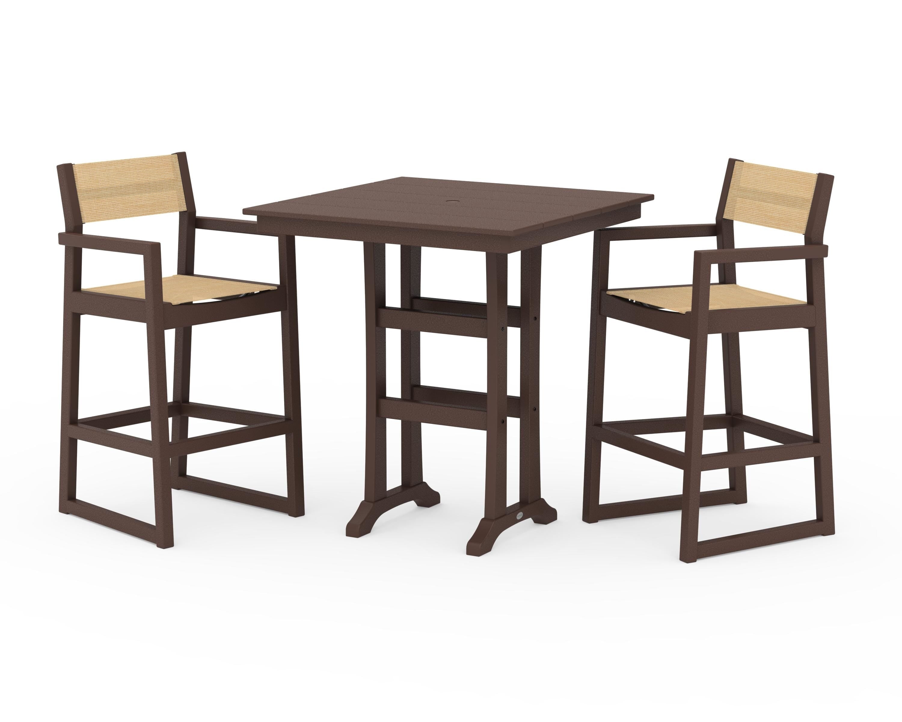 POLYWOOD EDGE Sling Arm Chair 3-Piece Farmhouse Bar Set with Trestle Legs in Mahogany / Dupioni Apricot Sling