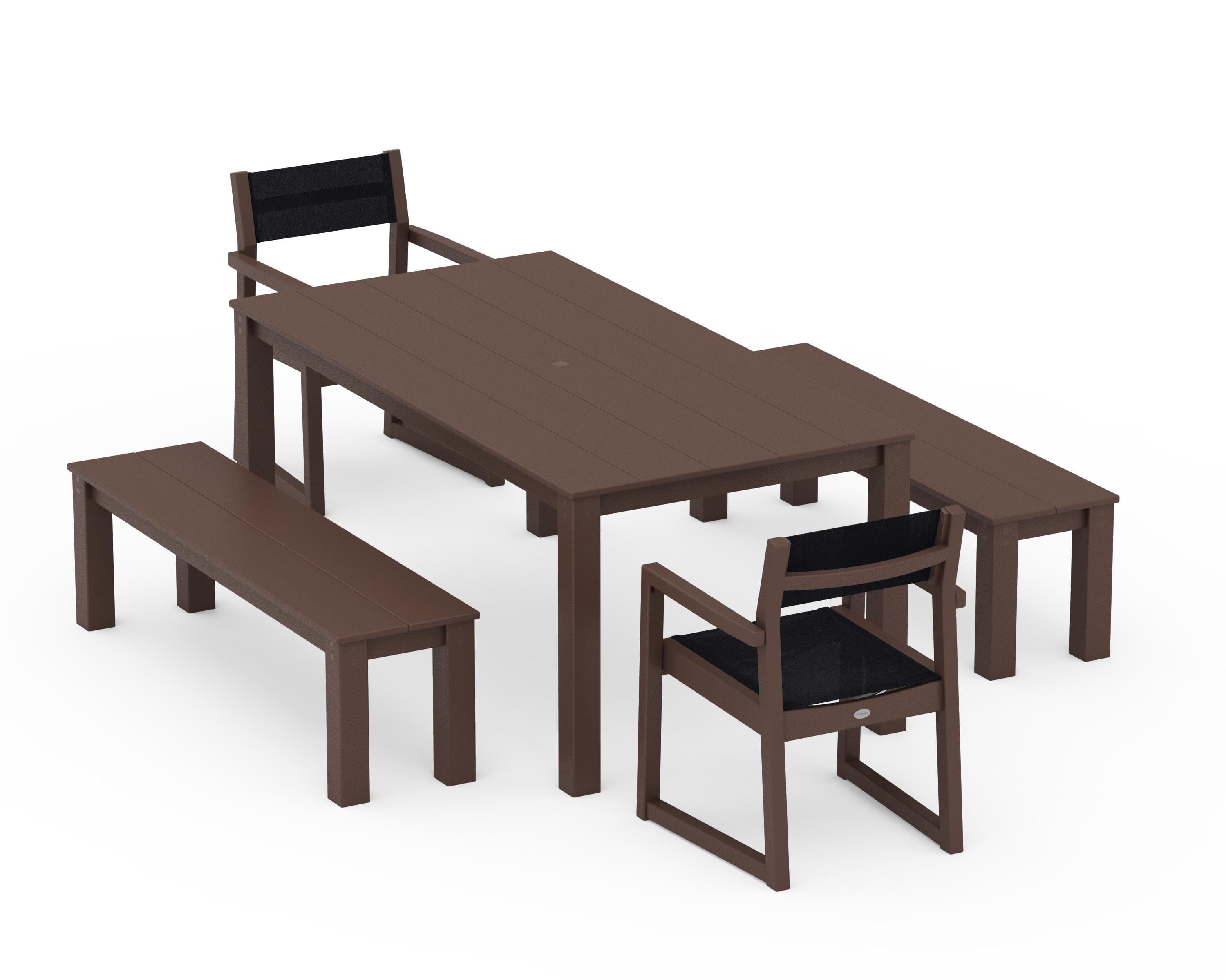 POLYWOOD EDGE Sling Arm Chair 5-Piece Parsons Dining Set with Benches in Mahogany / Black Sling