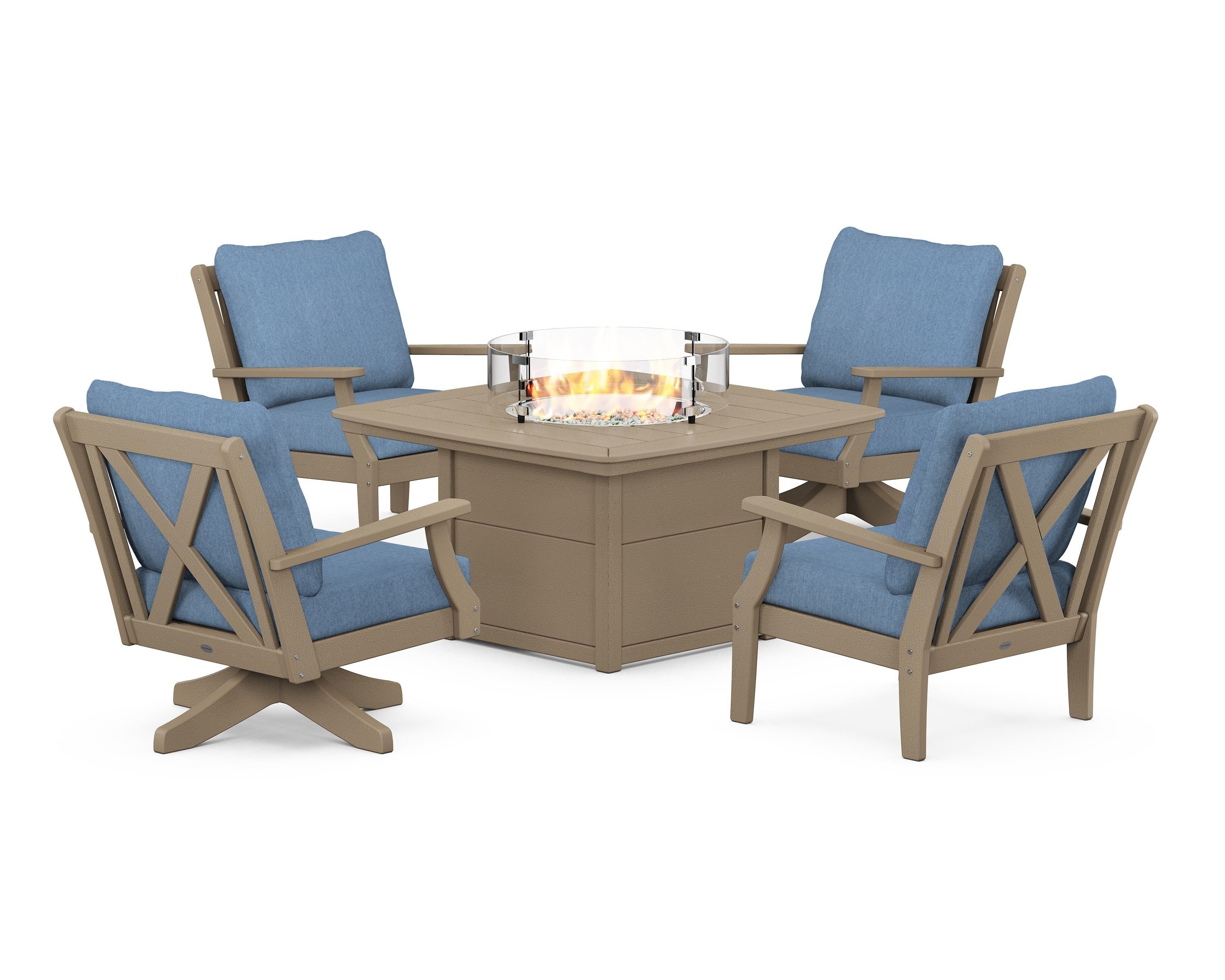 POLYWOOD Braxton 5-Piece Deep Seating Set with Fire Table in Vintage Sahara / Sky Blue