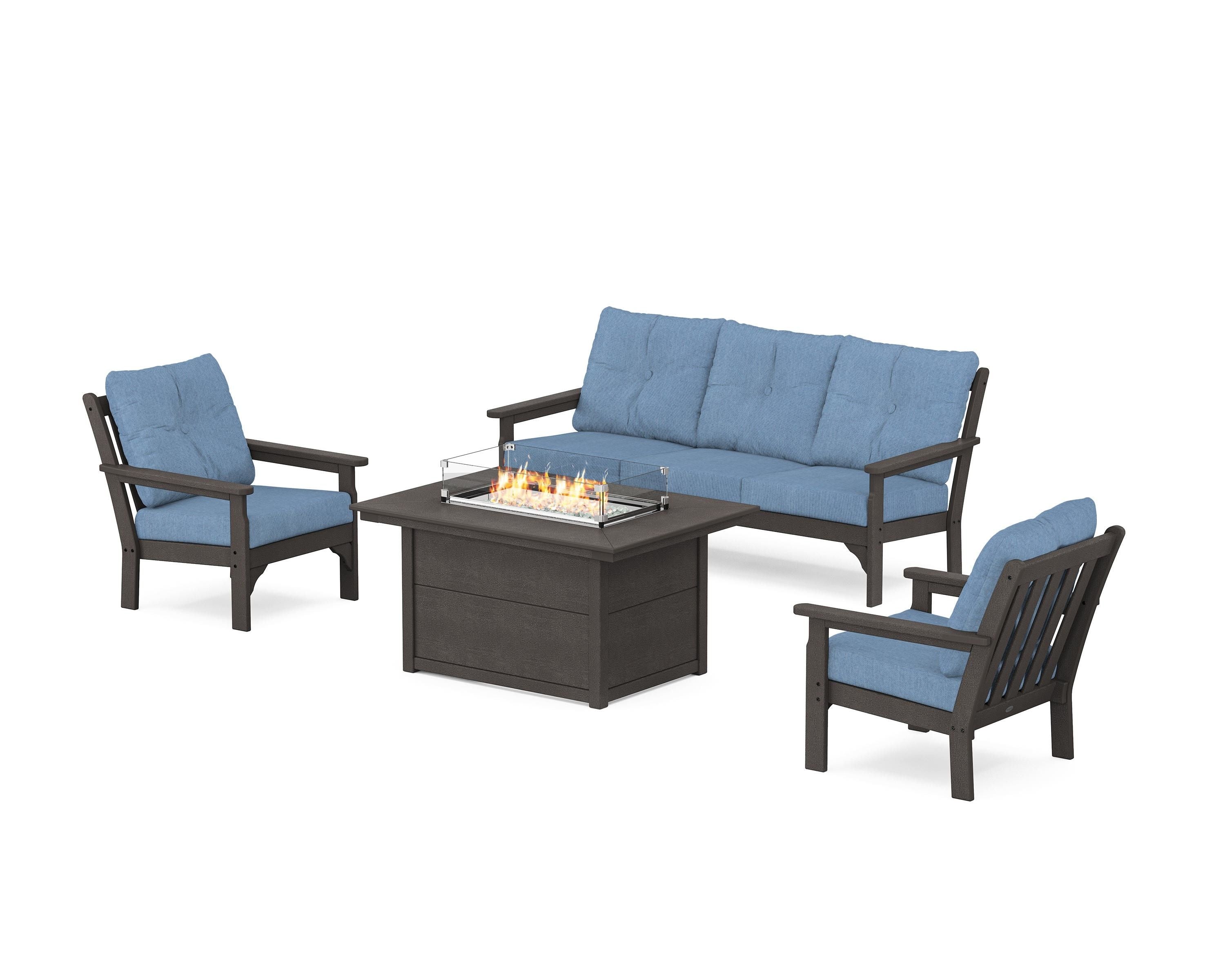 POLYWOOD Vineyard Deep Seating Fire Pit Table Set in Vintage Coffee / Sky Blue