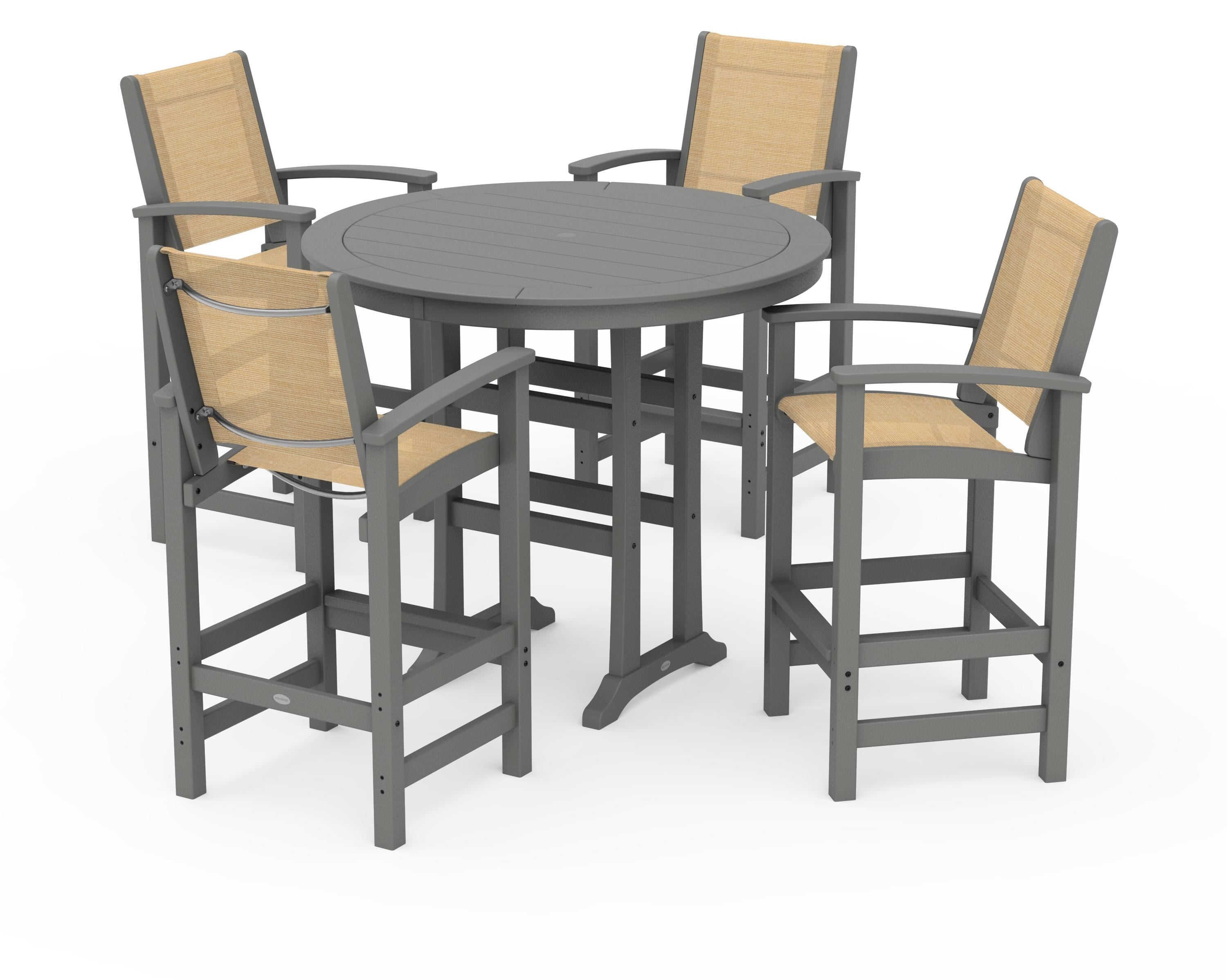 POLYWOOD Coastal 5-Piece Nautical Trestle Bar Set in Slate Grey / Dupioni Apricot Sling