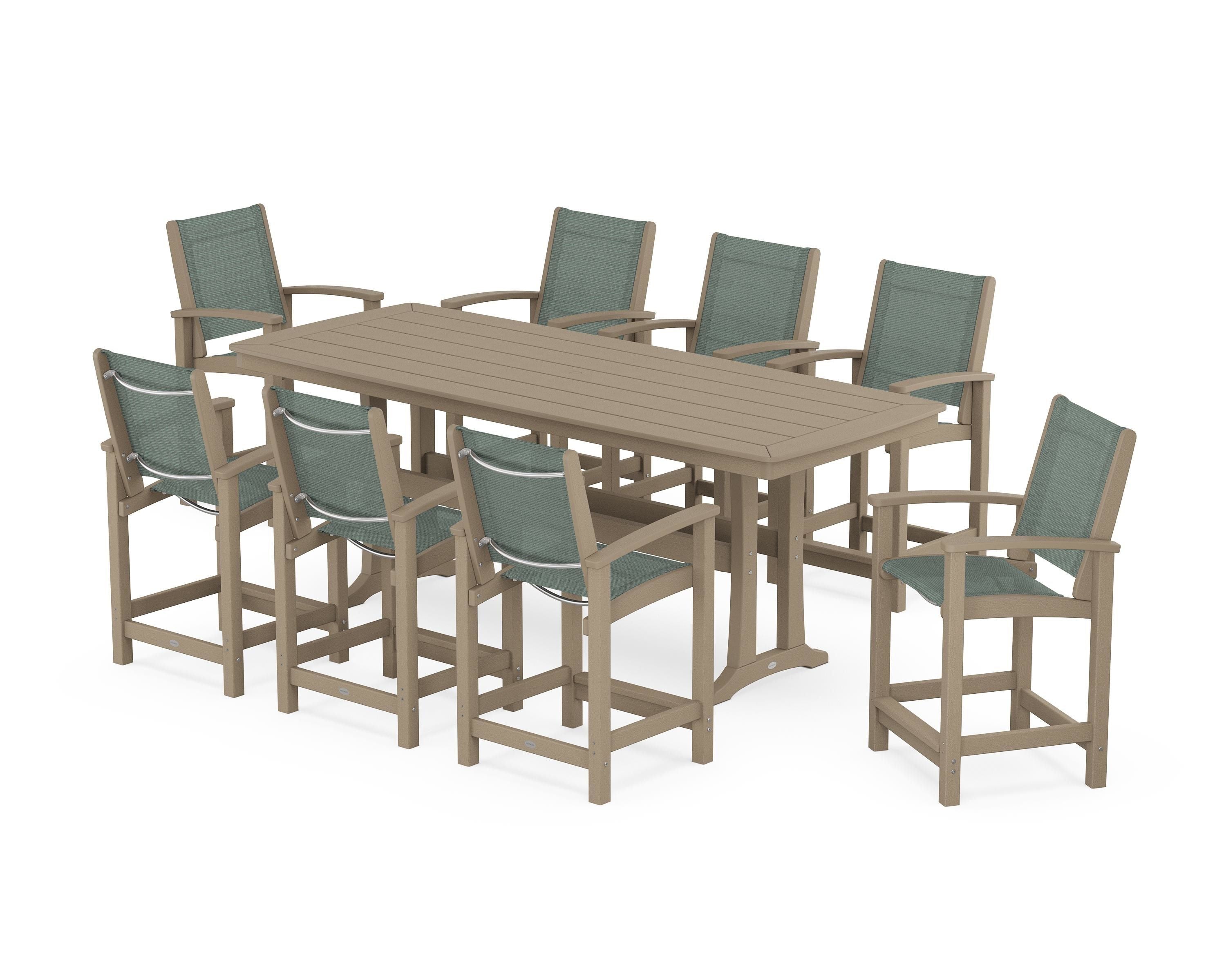 POLYWOOD Coastal 9-Piece Counter Set with Trestle Legs in Vintage Sahara / Dupioni Sea Mist Sling