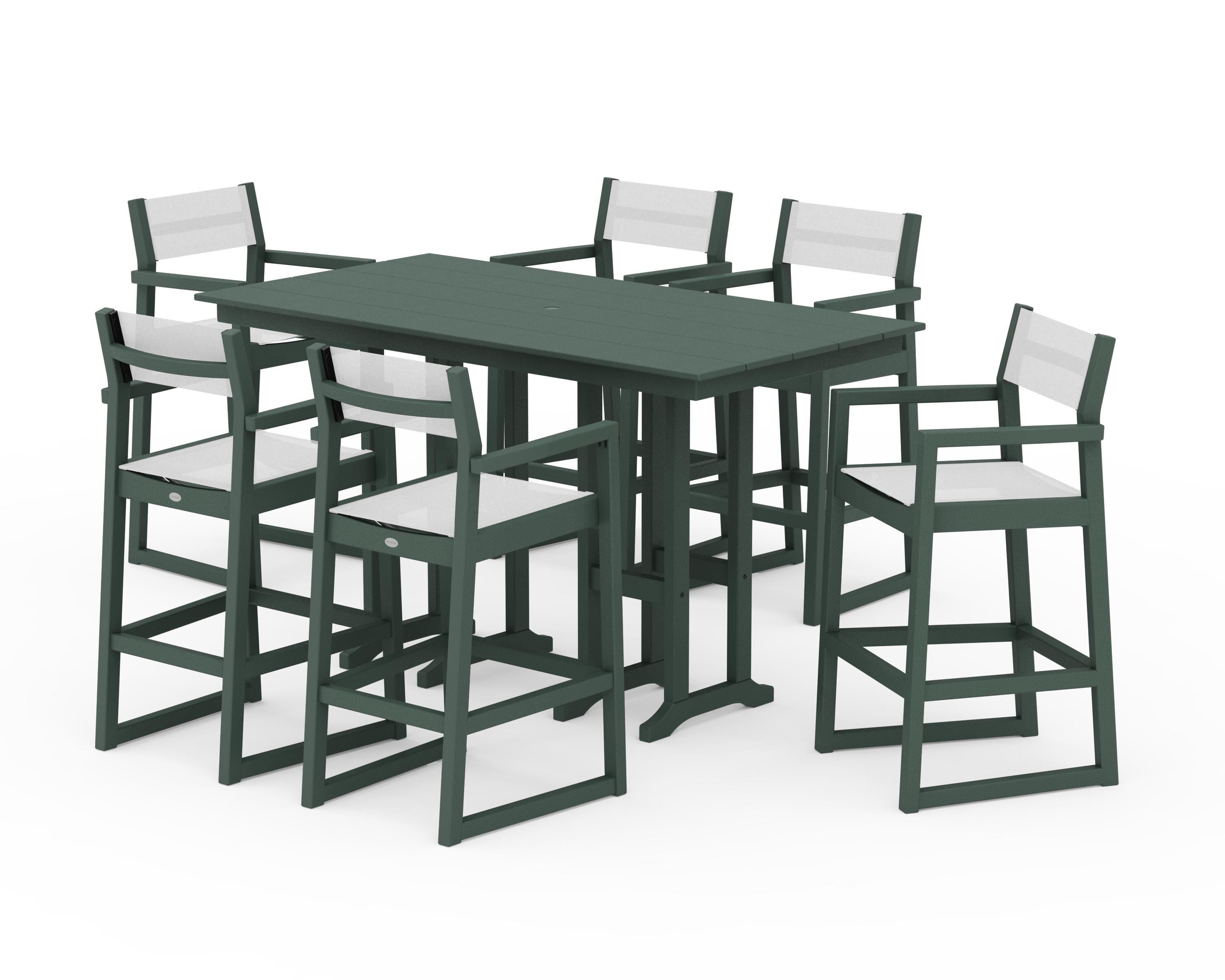 POLYWOOD EDGE Sling Arm Chair 7-Piece Farmhouse Bar Set in Green / White Sling