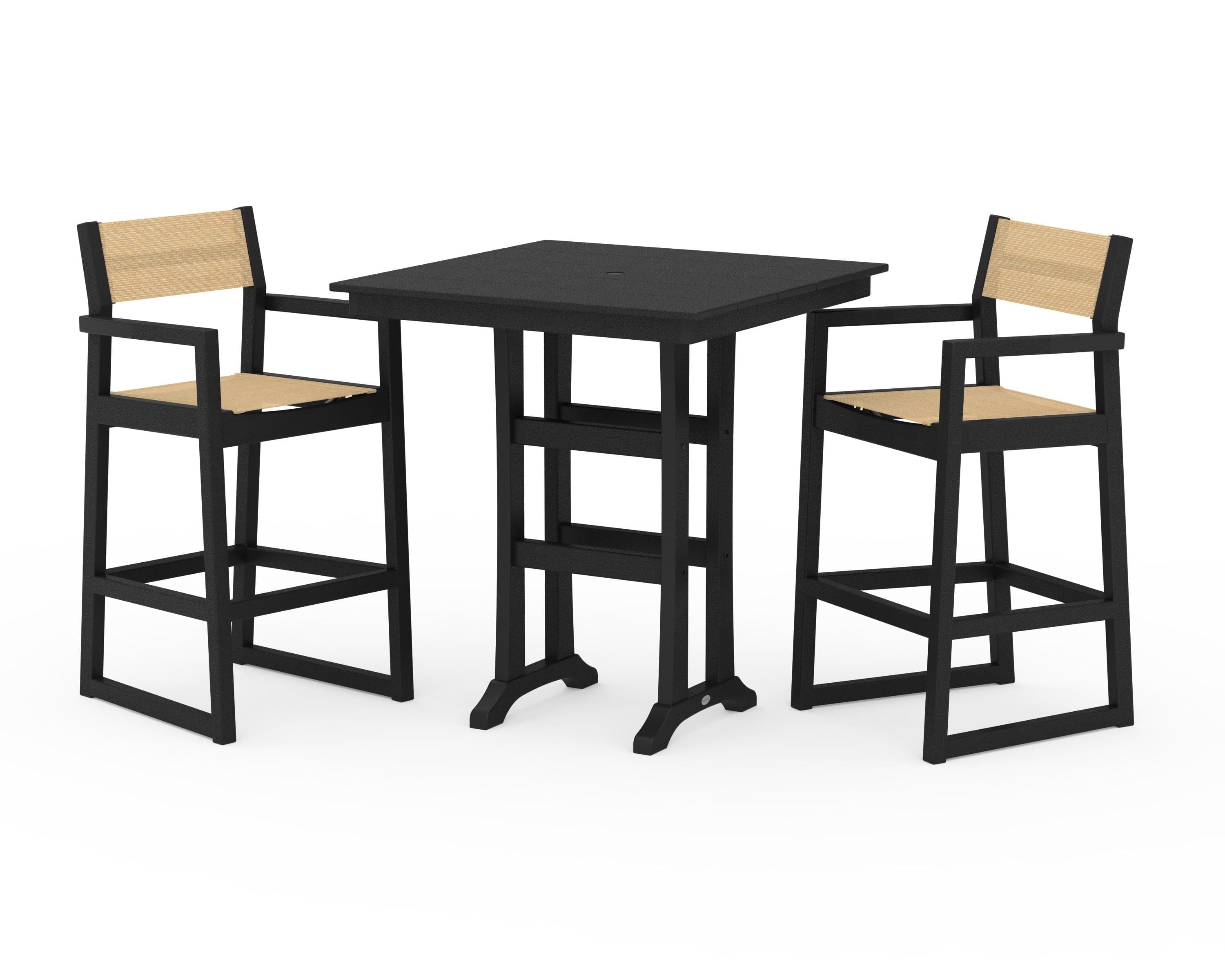 POLYWOOD EDGE Sling Arm Chair 3-Piece Farmhouse Bar Set with Trestle Legs in Black / Dupioni Apricot Sling