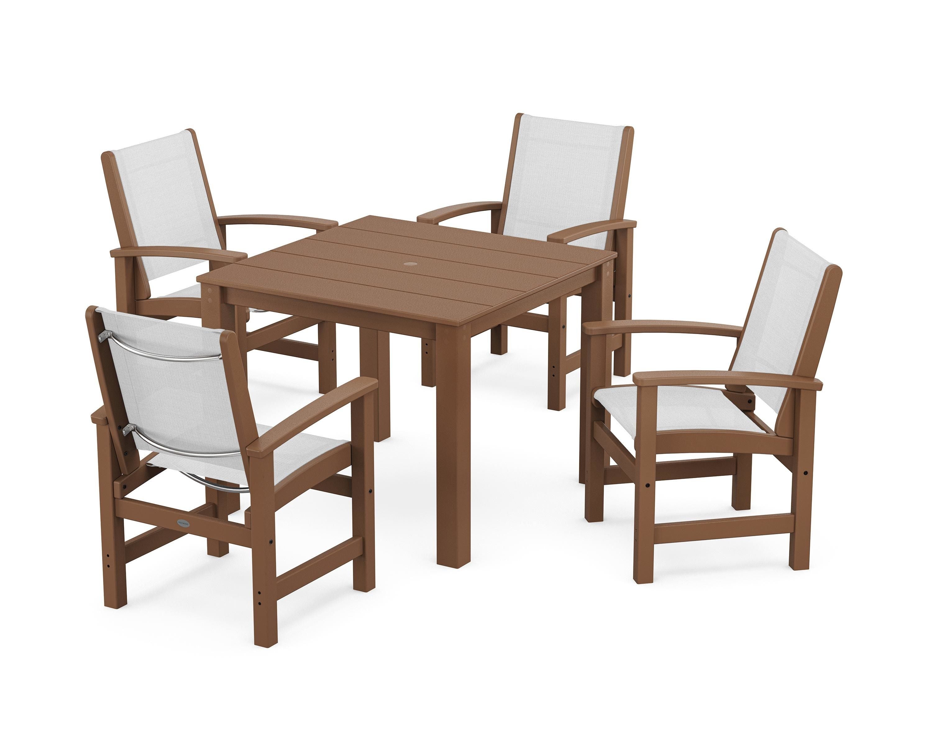 POLYWOOD Coastal 5-Piece Parsons Dining Set in Teak / White Sling