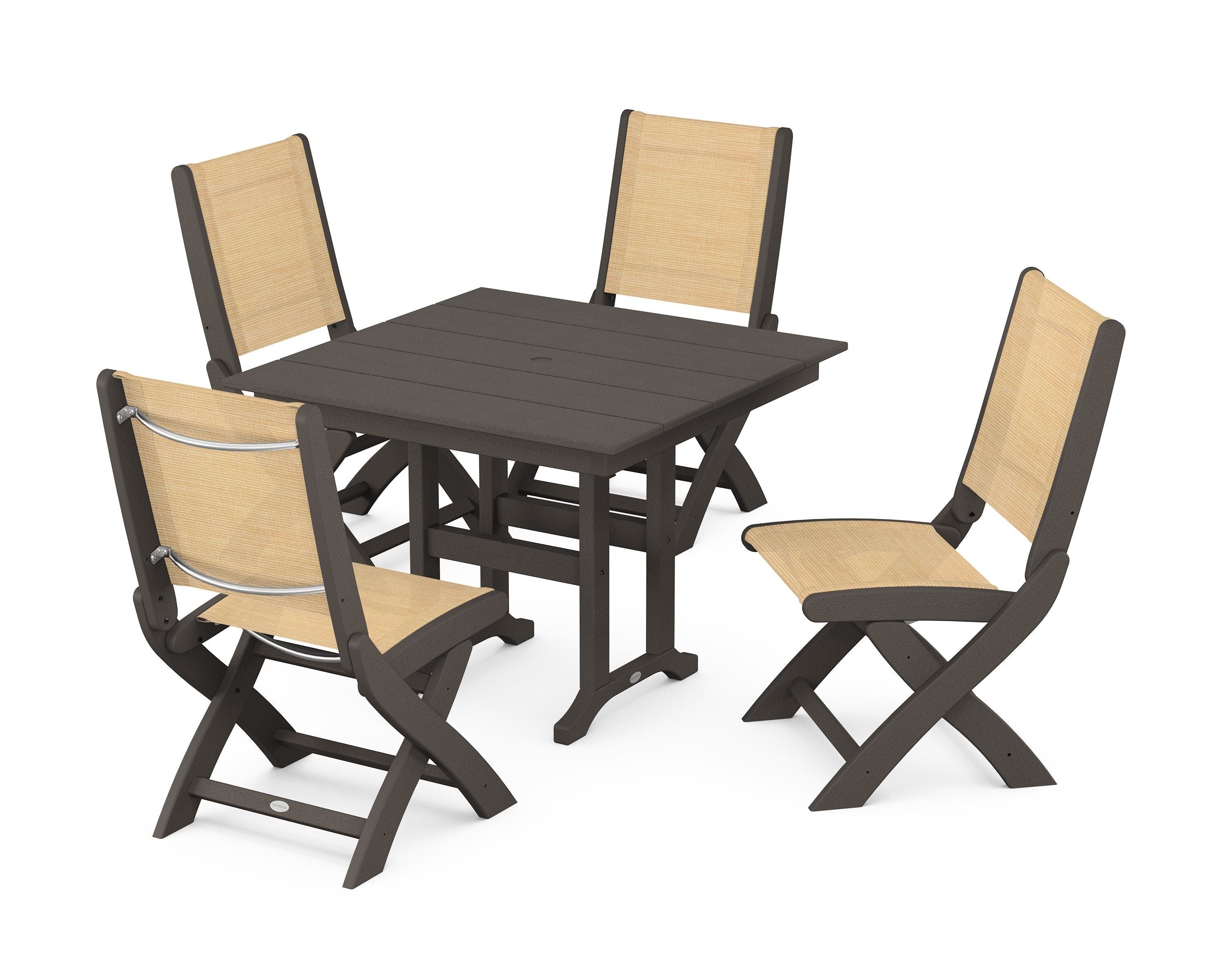 POLYWOOD Coastal Folding Side Chair 5-Piece Farmhouse Dining Set in Vintage Coffee / Dupioni Apricot Sling