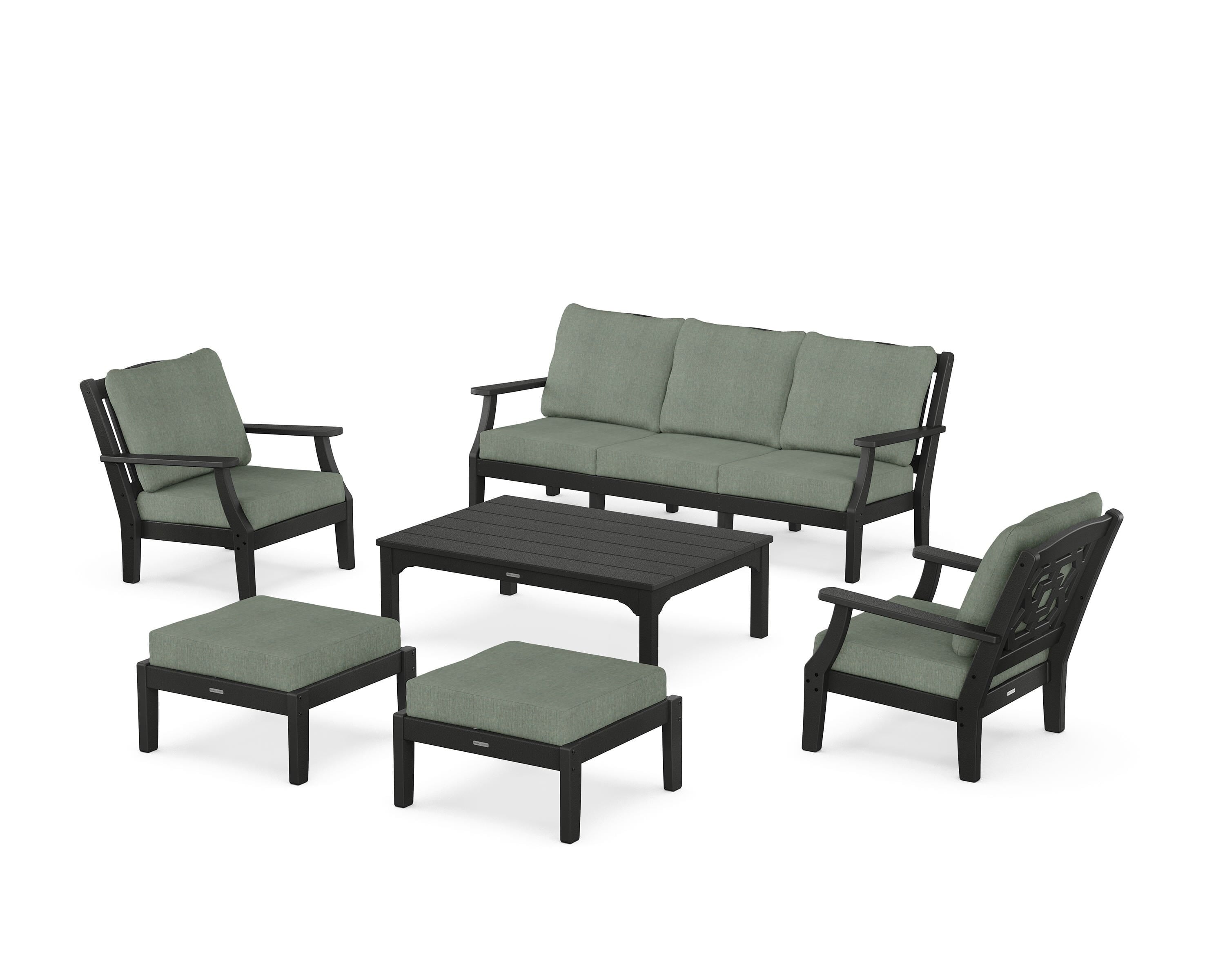 Martha Stewart by POLYWOOD Chinoiserie 6-Piece Lounge Sofa Set in Black / Cast Sage