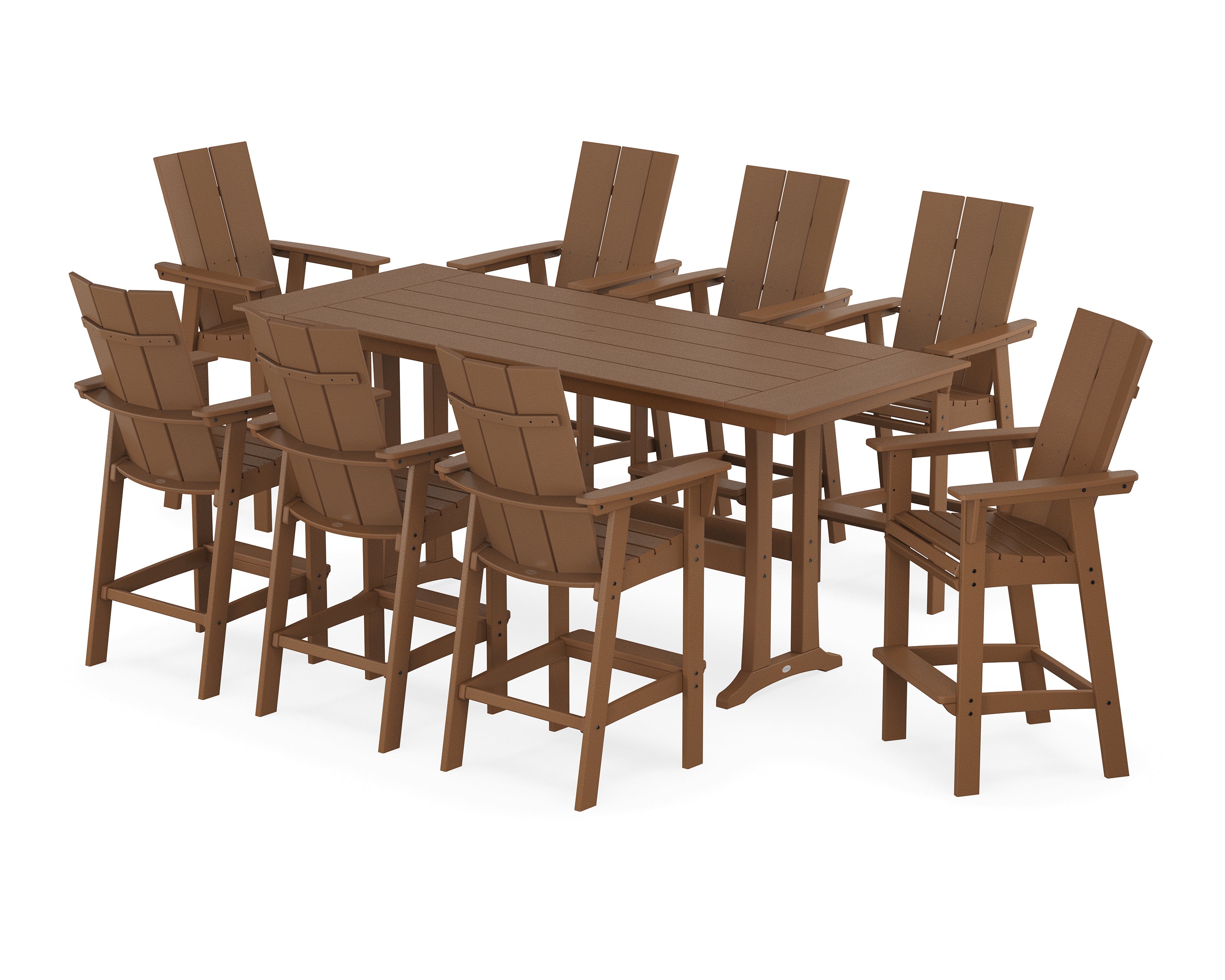 POLYWOOD Modern Curveback Adirondack 9-Piece Farmhouse Bar Set with Trestle Legs in Teak