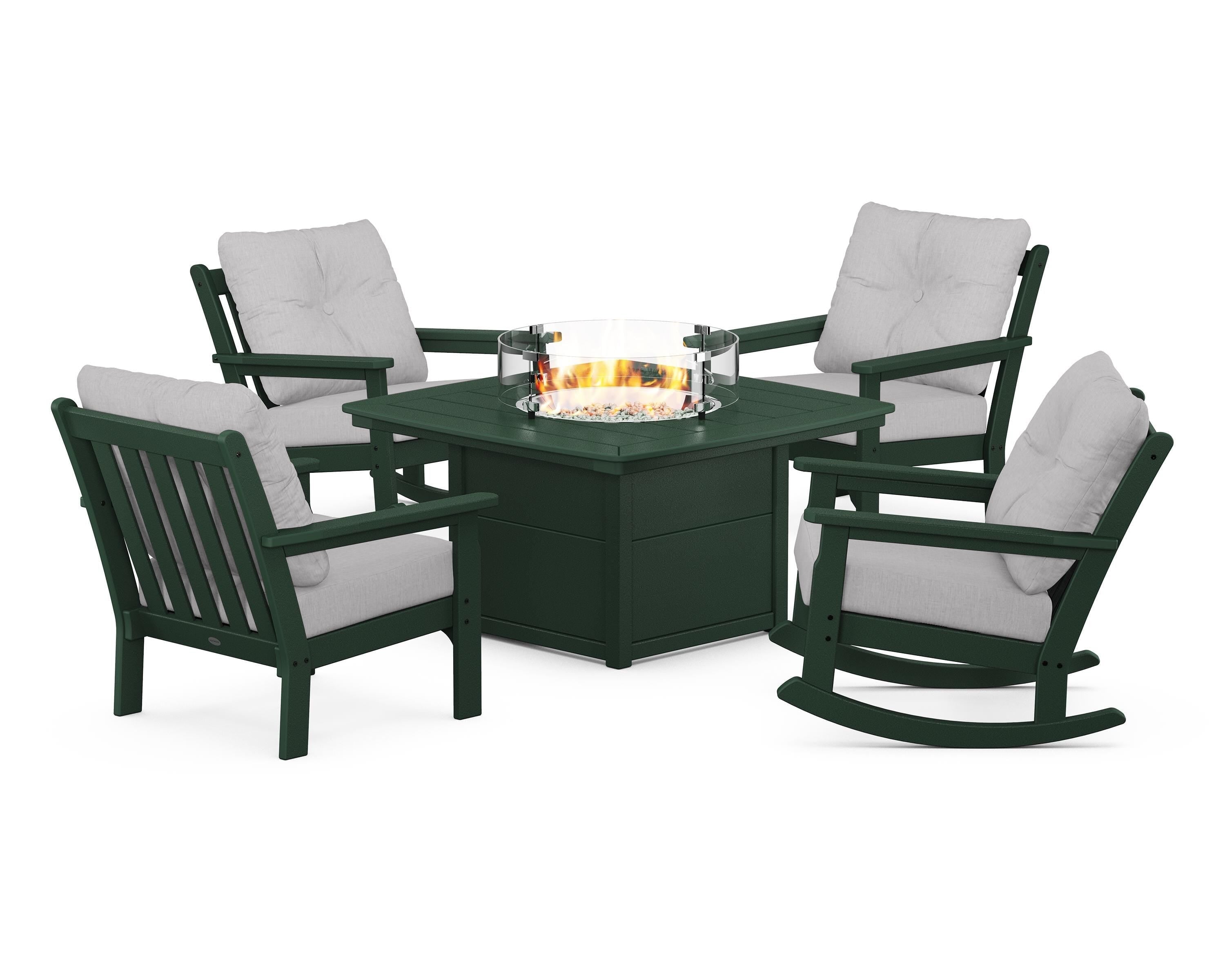 POLYWOOD Vineyard 5-Piece Deep Seating Rocking Chair Conversation Set with Fire Pit Table in Green / Granite