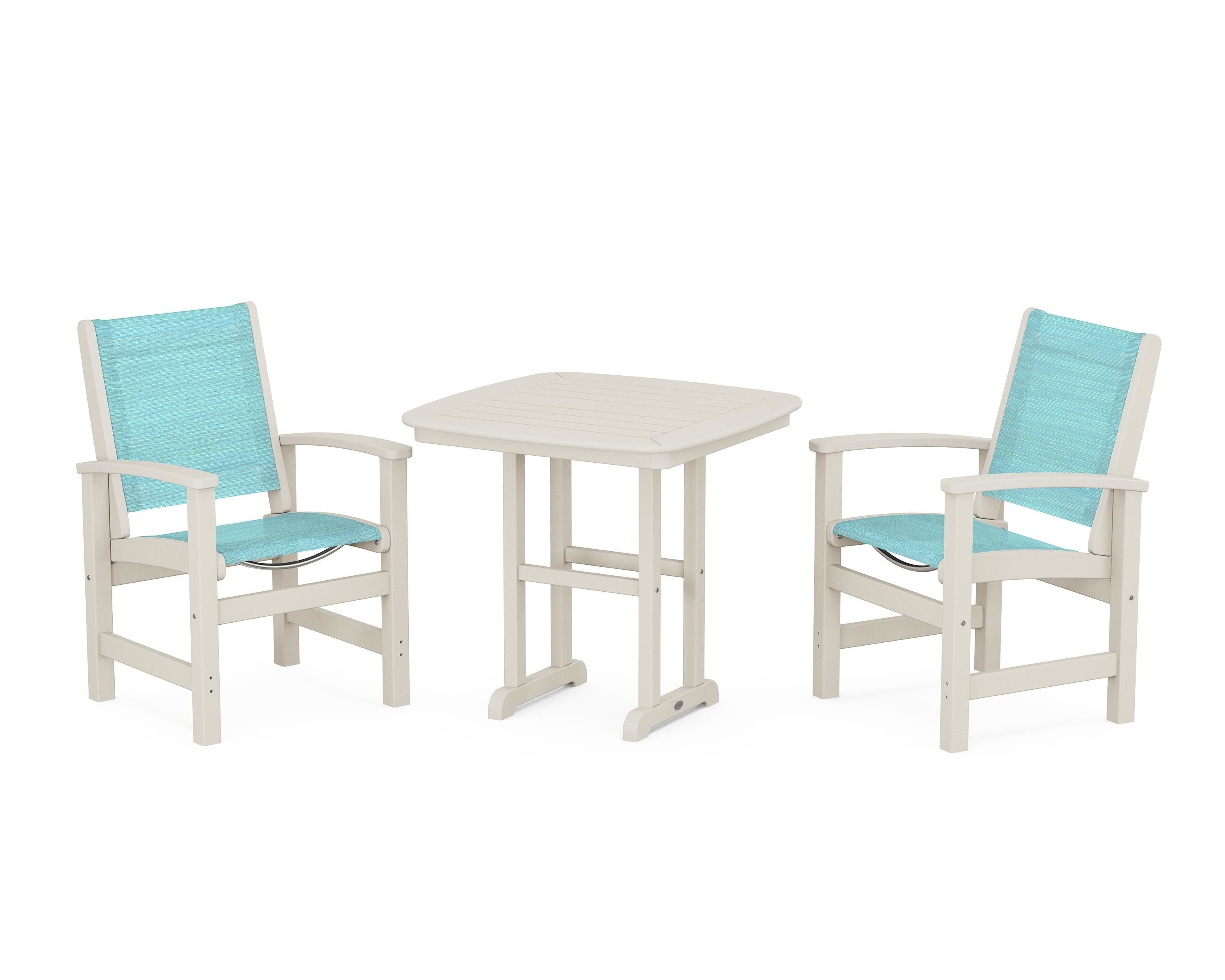 POLYWOOD Coastal 3-Piece Dining Set in Sand / Dupioni Aquamarine Sling