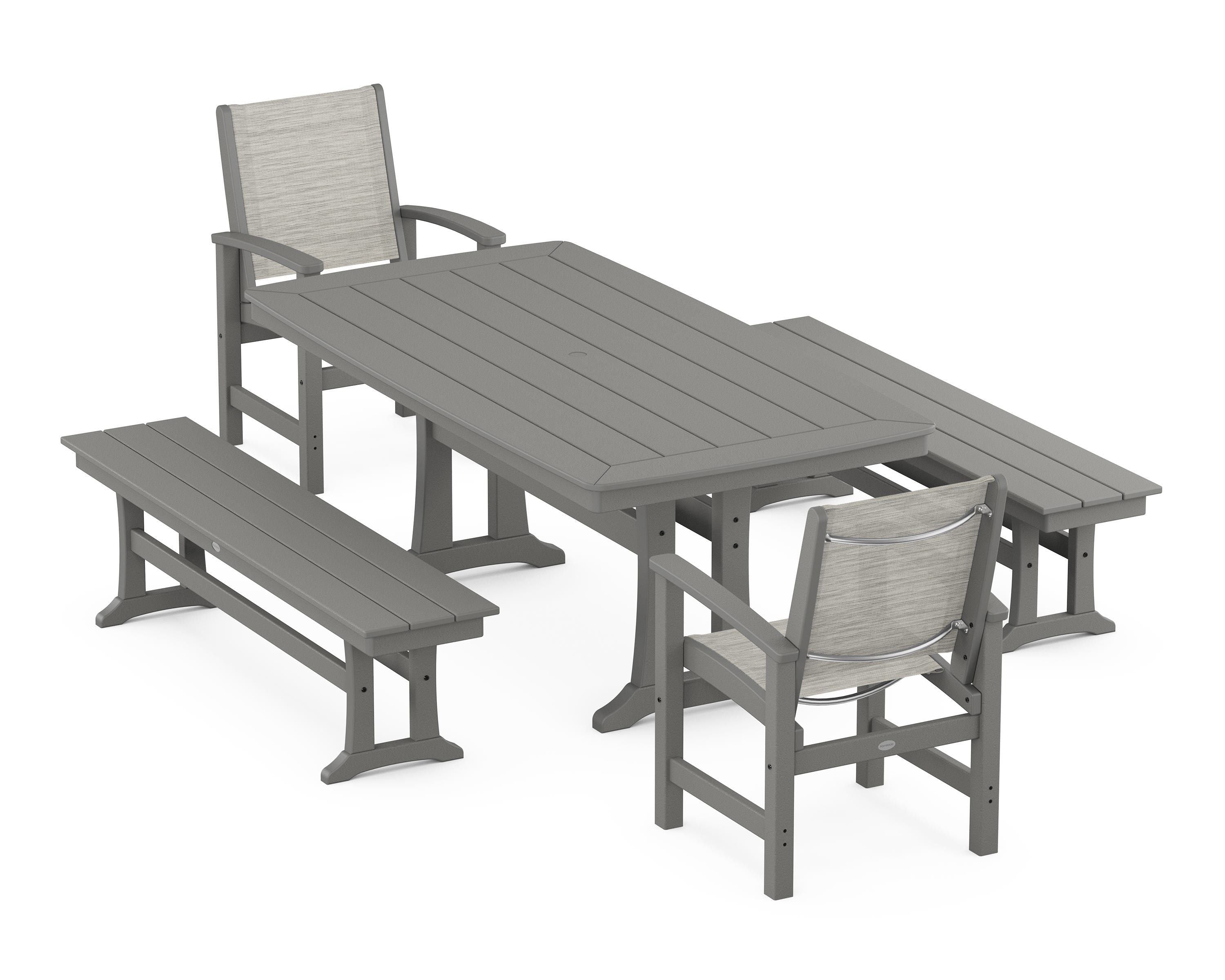 POLYWOOD Coastal 5-Piece Dining Set with Trestle Legs and Benches in Slate Grey / Birch Sling
