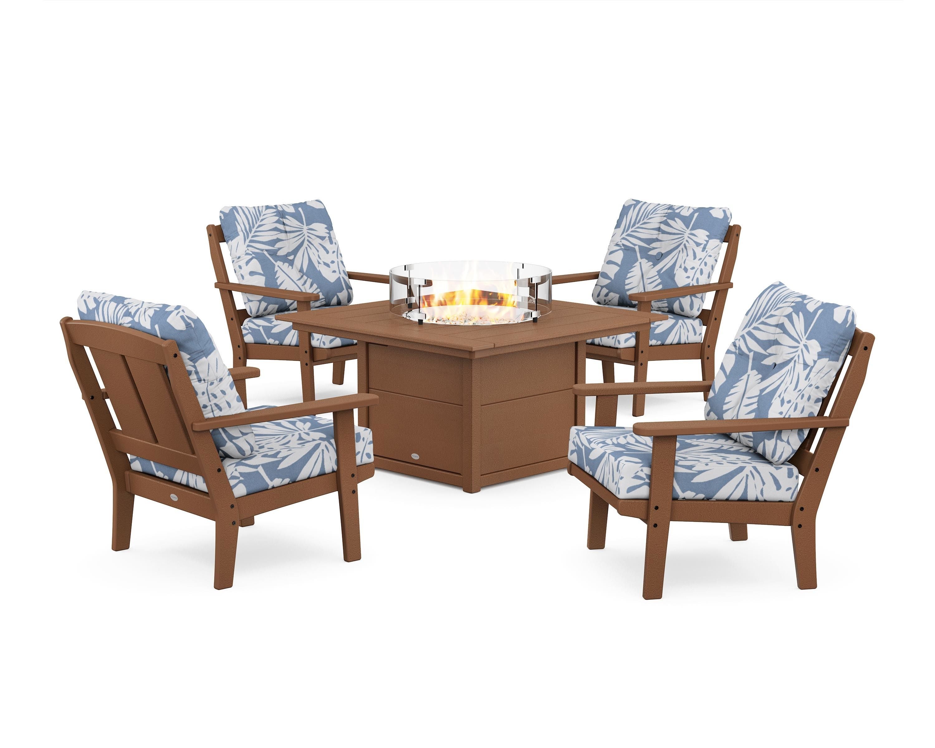 POLYWOOD Mission 5-Piece Deep Seating Set with Fire Pit Table in Teak / Leaf Sky Blue