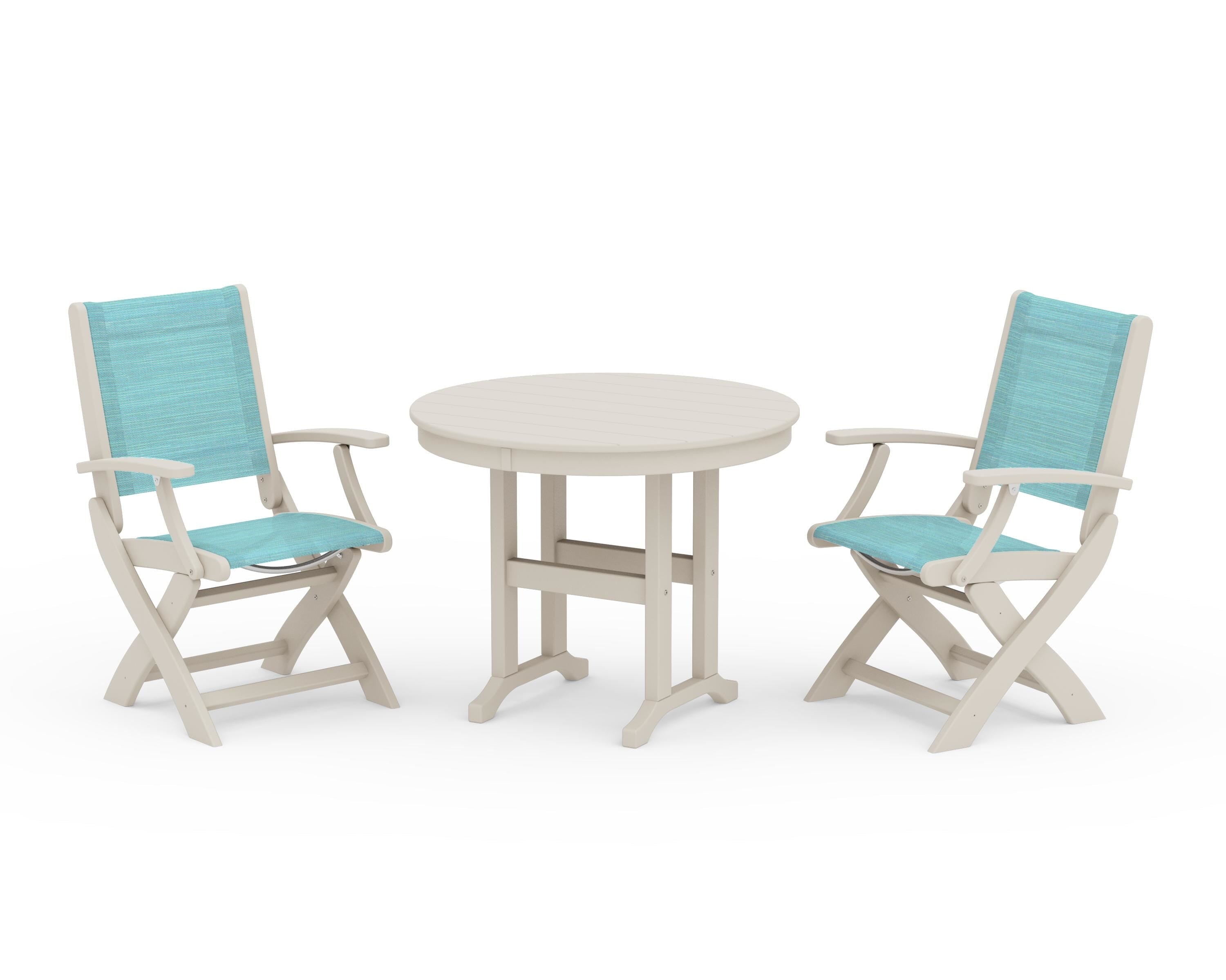 POLYWOOD Coastal Folding Chair 3-Piece Round Dining Set in Sand / Dupioni Aquamarine Sling