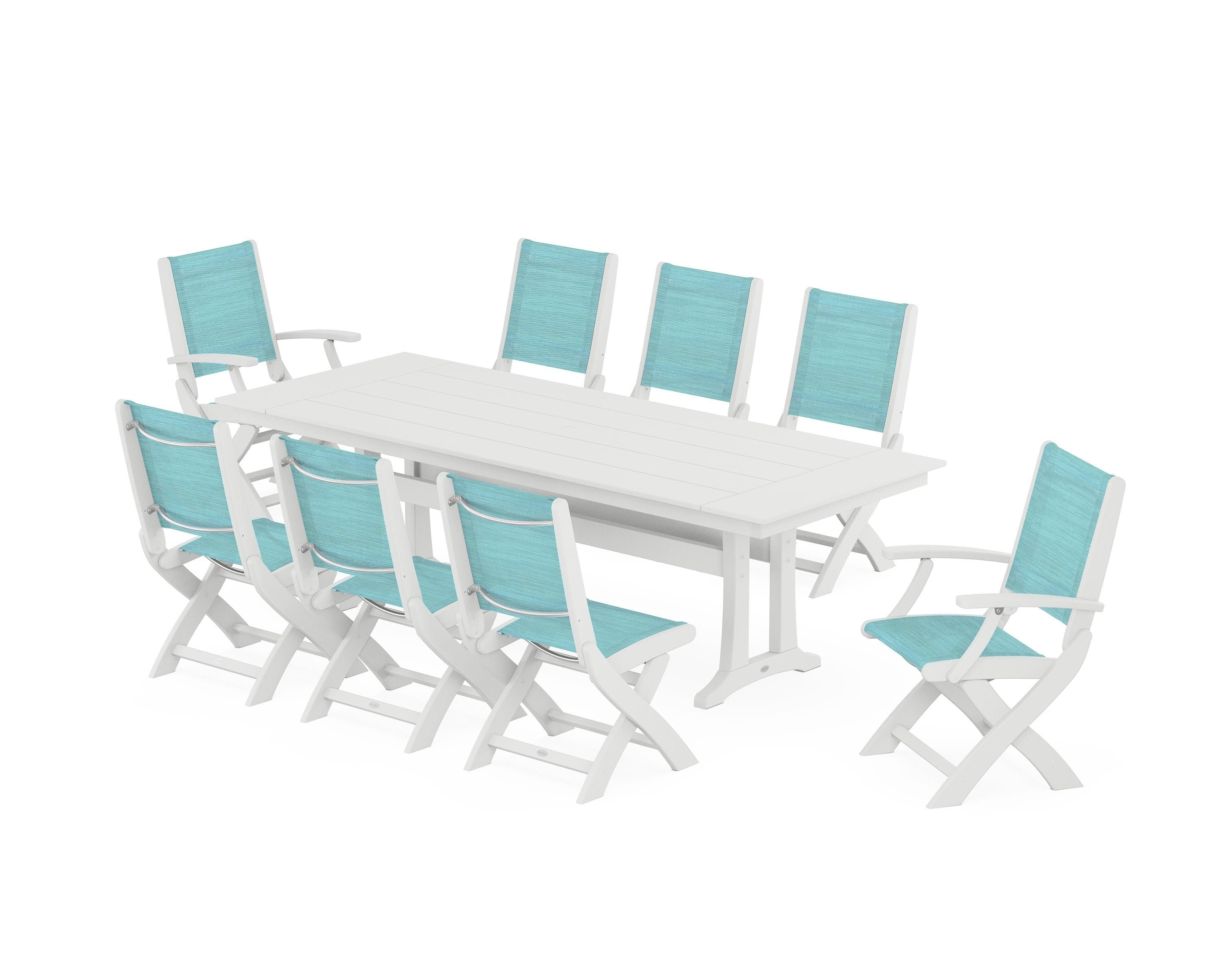 POLYWOOD Coastal 9-Piece Folding Dining Chair Farmhouse Dining Set with Trestle Legs in White / Dupioni Aquamarine Sling