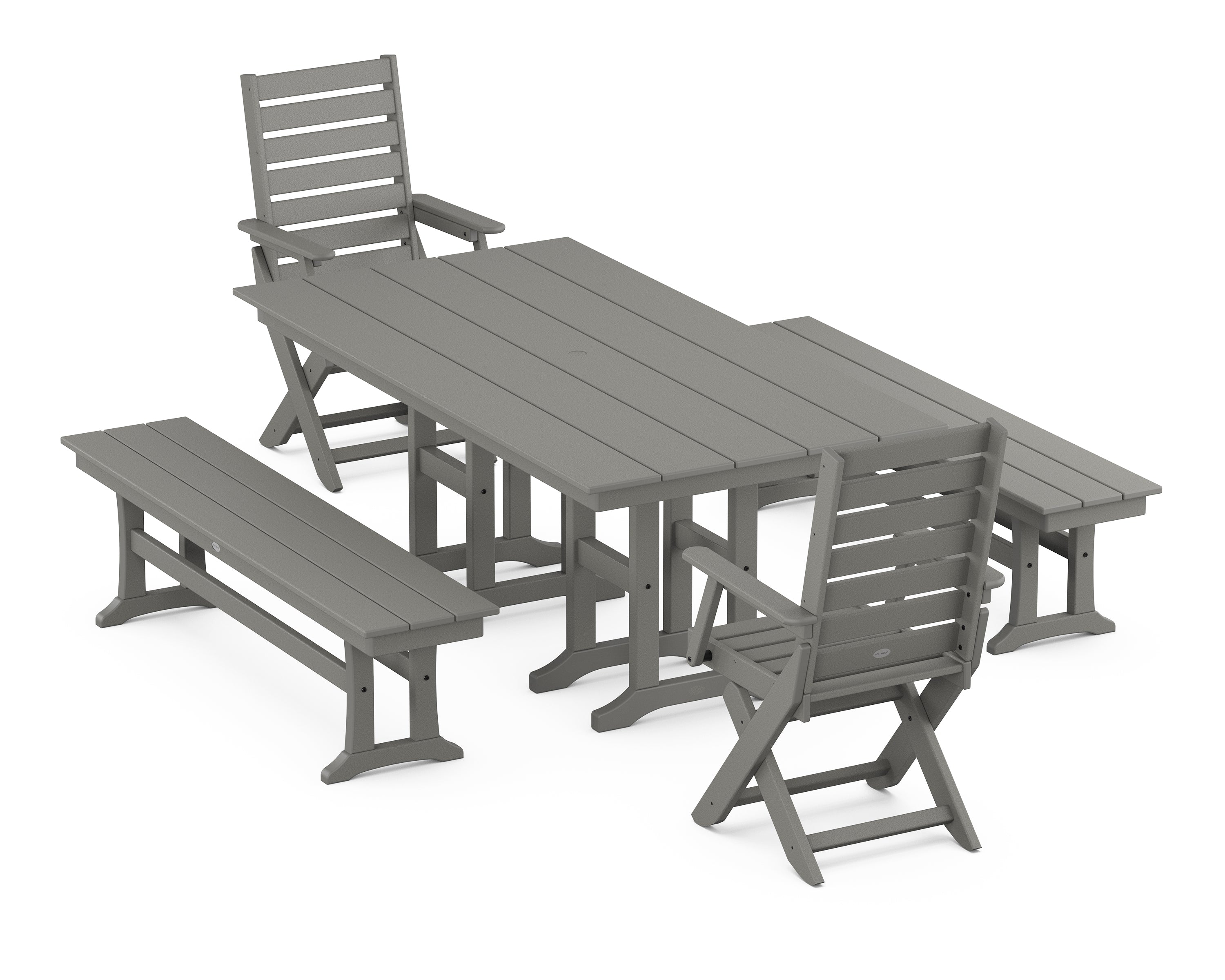 POLYWOOD® Captain Folding Chair 5-Piece Farmhouse Dining Set with Benches in Slate Grey