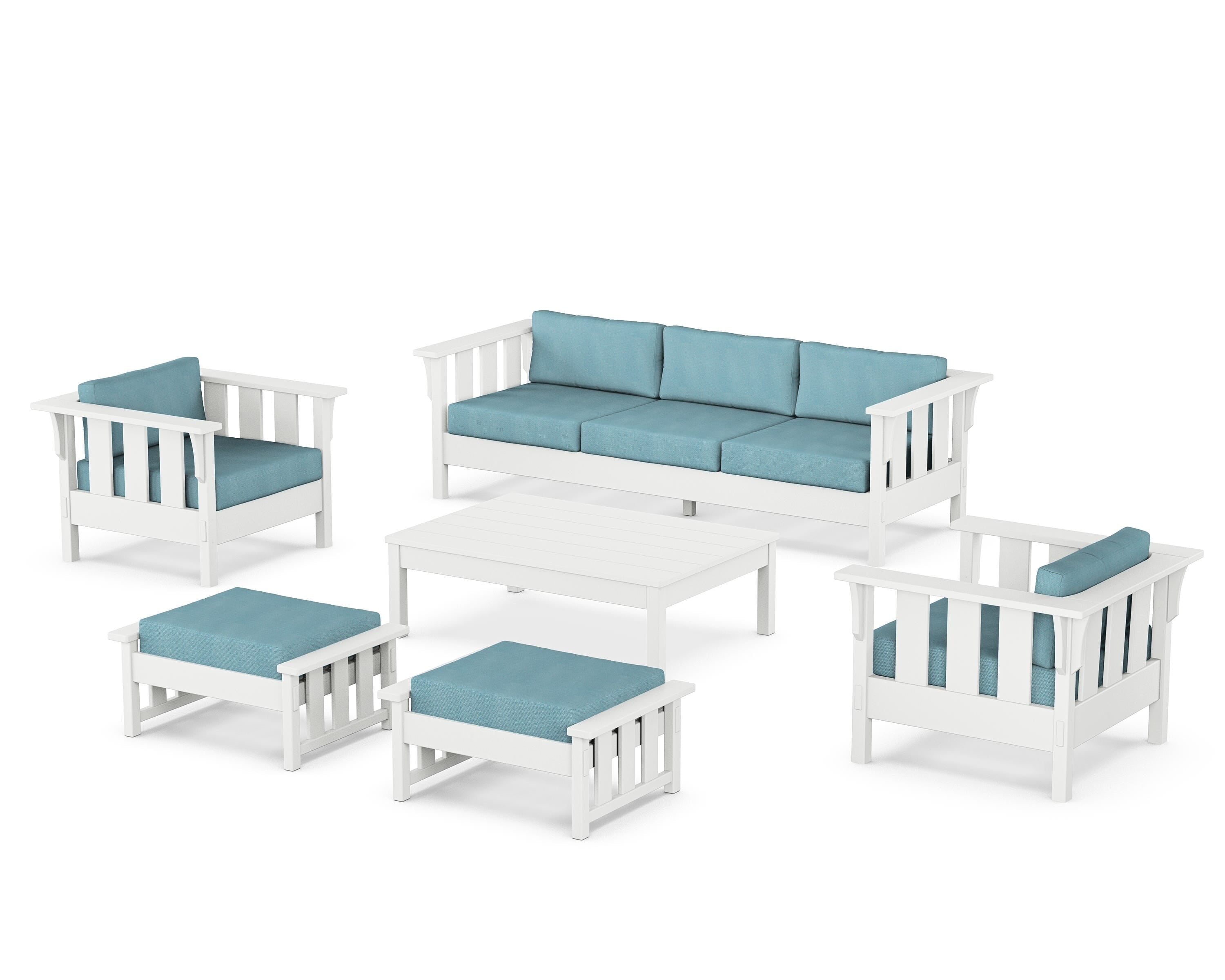 Martha Stewart by POLYWOOD Acadia 6-Piece Lounge Sofa Set in White / Lattice Sky Blue