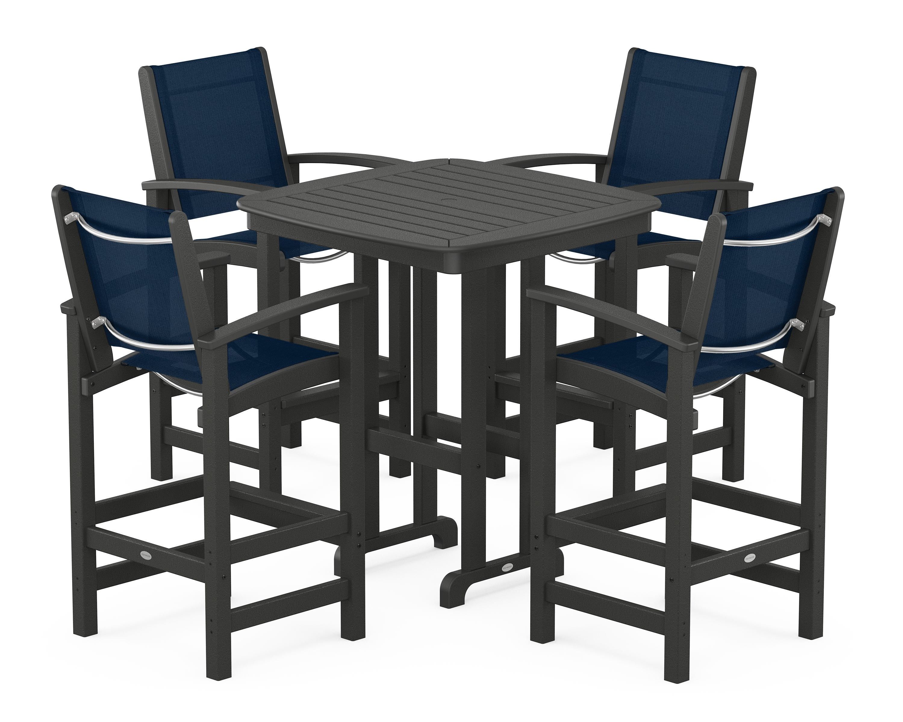 POLYWOOD Coastal 5-Piece Bar Set in Black / Navy Blue Sling