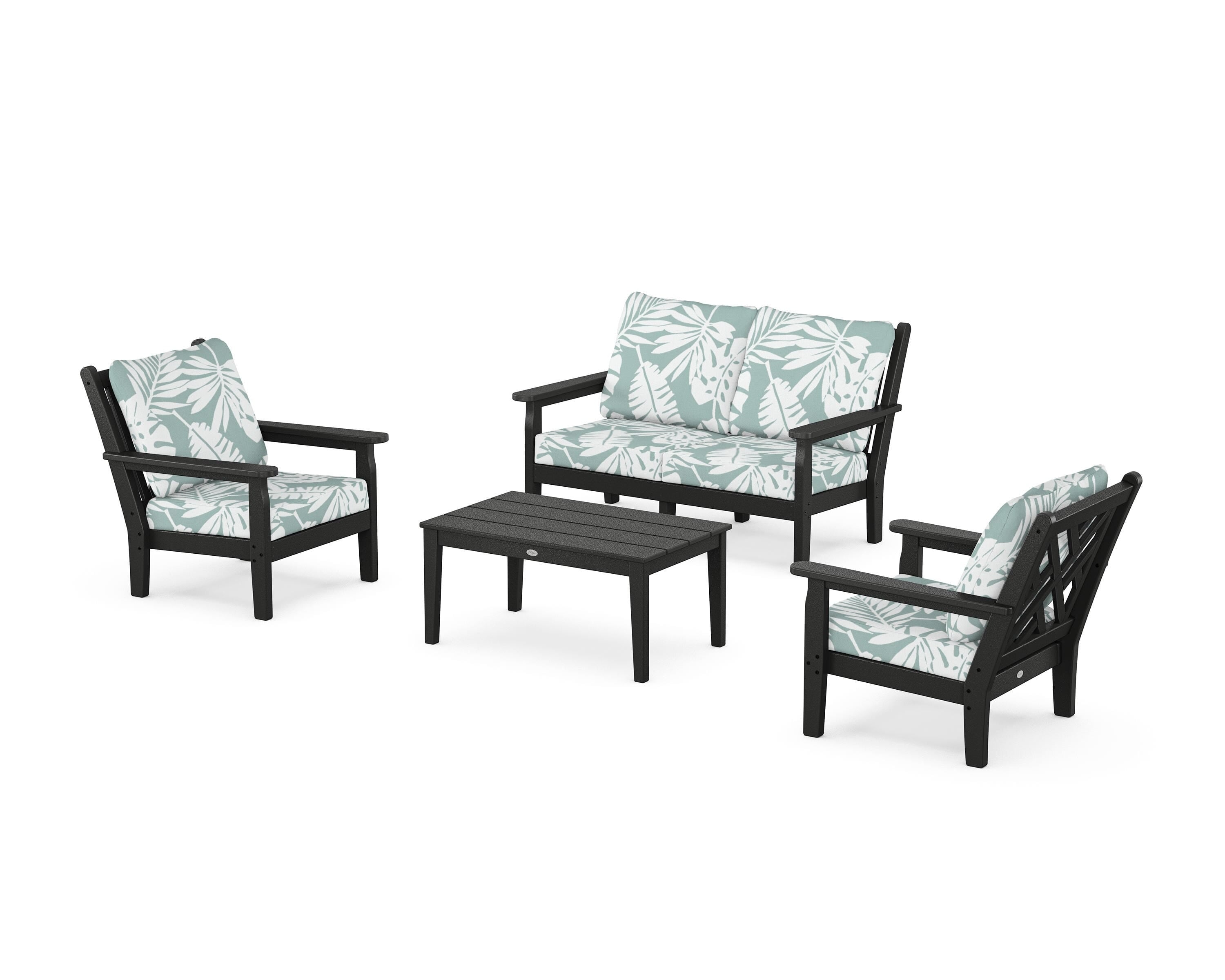 POLYWOOD Chippendale 4-Piece Deep Seating Set with Loveseat in Black / Leaf Glacier Spa